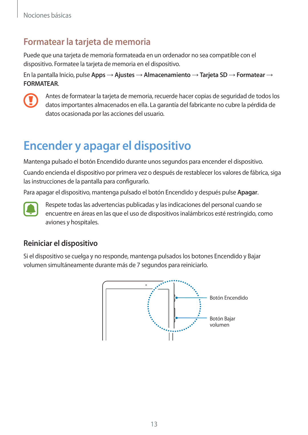 Samsung SM-T813NZKEPHE manual Encender y apagar el dispositivo, Formatear la tarjeta de memoria, Reiniciar el dispositivo 