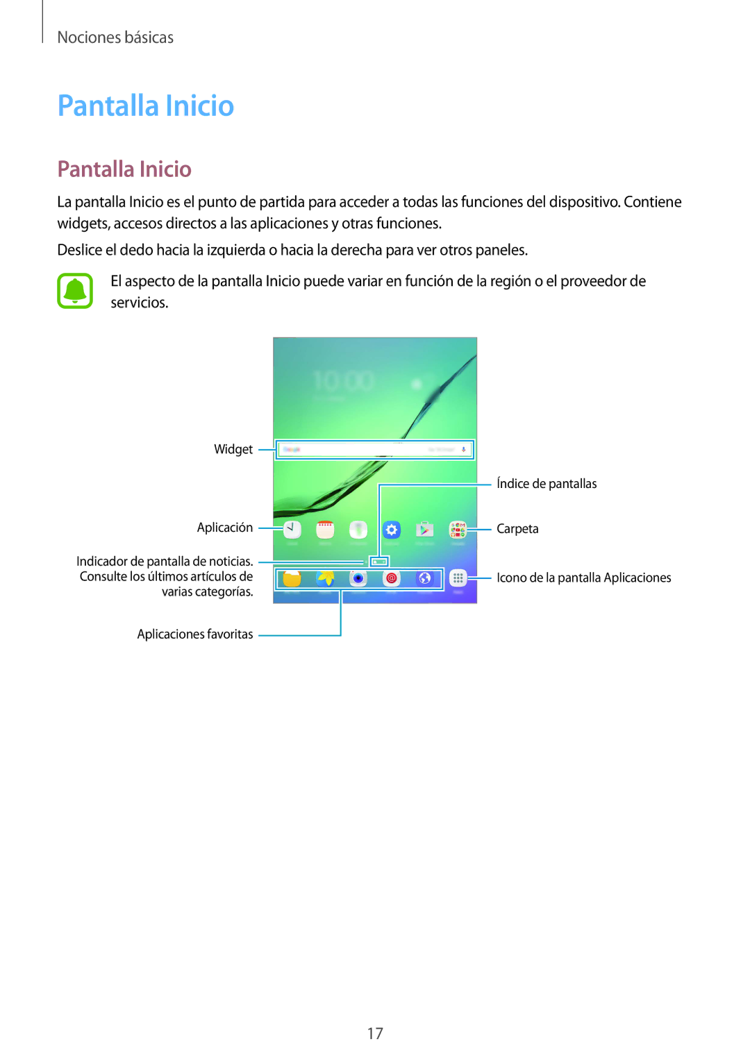 Samsung SM-T813NZKEPHE, SM-T713NZWEPHE, SM-T813NZWEPHE, SM-T713NZKEPHE manual Pantalla Inicio 