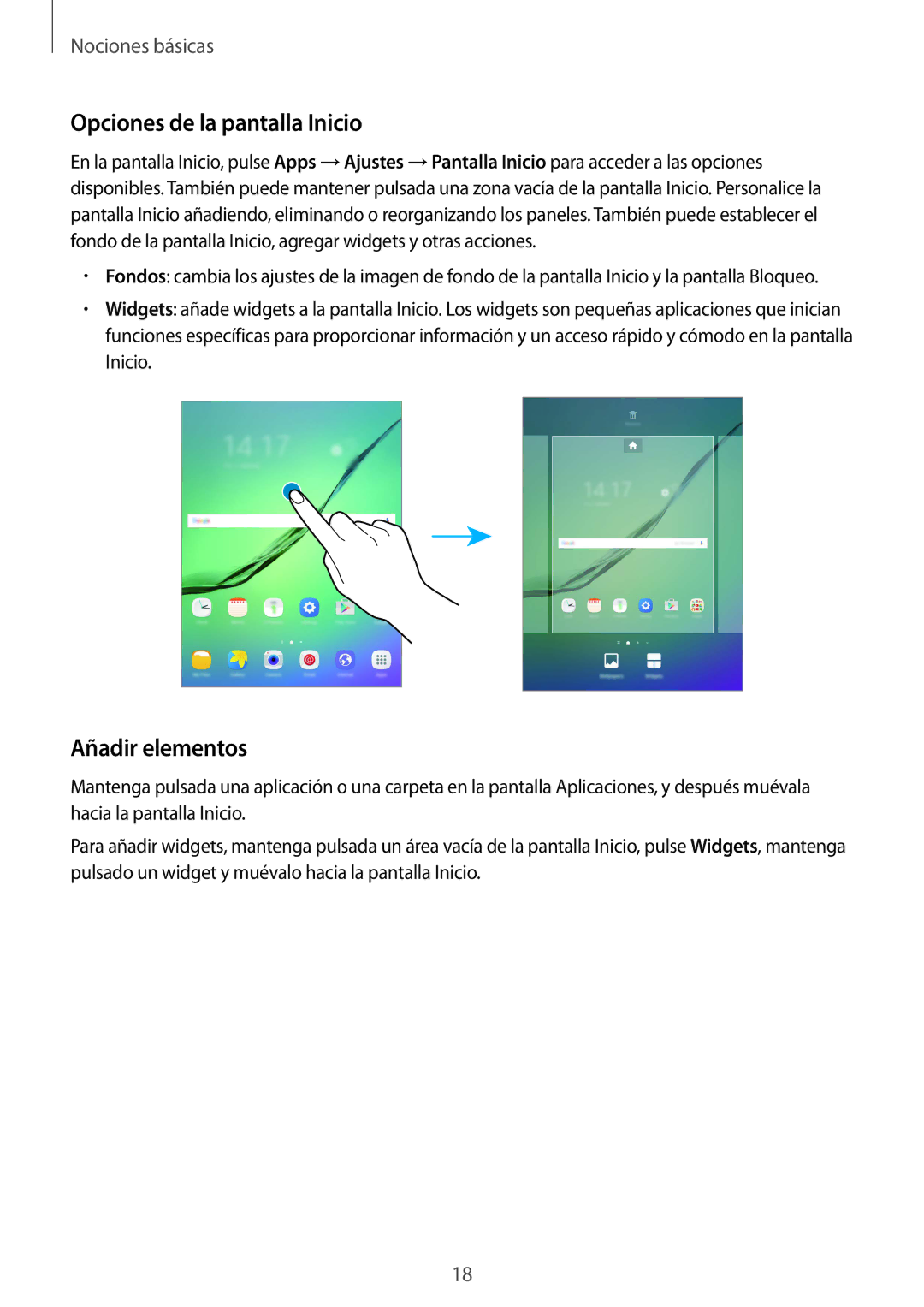 Samsung SM-T813NZWEPHE, SM-T713NZWEPHE, SM-T813NZKEPHE, SM-T713NZKEPHE manual Opciones de la pantalla Inicio, Añadir elementos 