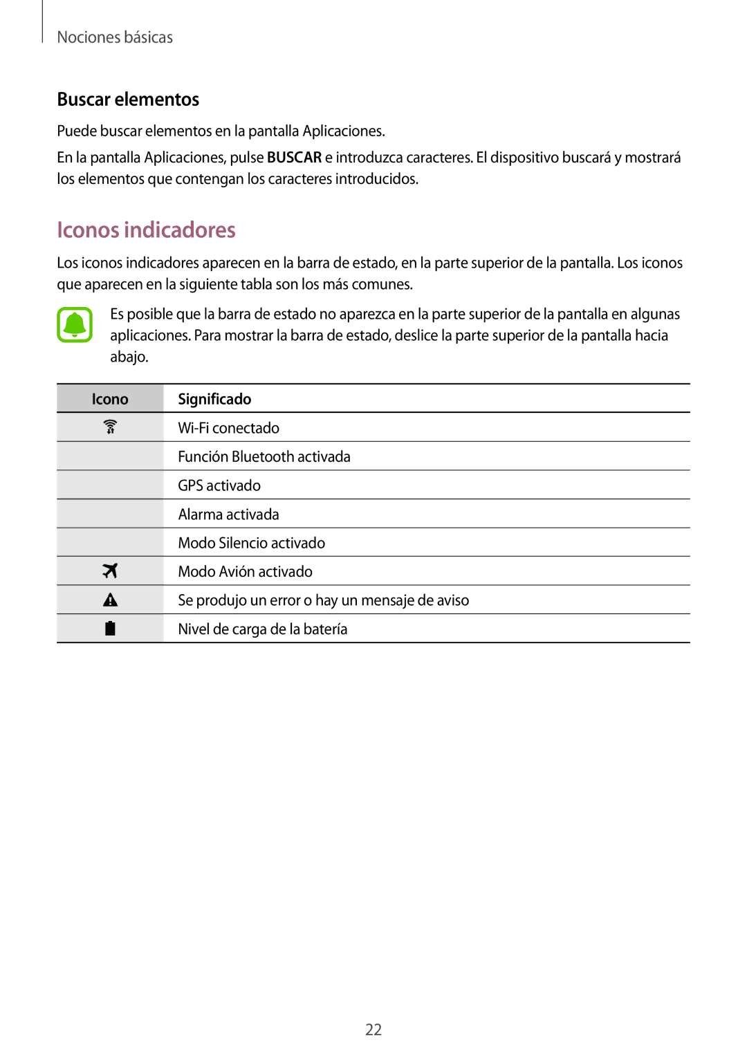 Samsung SM-T813NZWEPHE, SM-T713NZWEPHE, SM-T813NZKEPHE manual Iconos indicadores, Buscar elementos, Icono Significado 