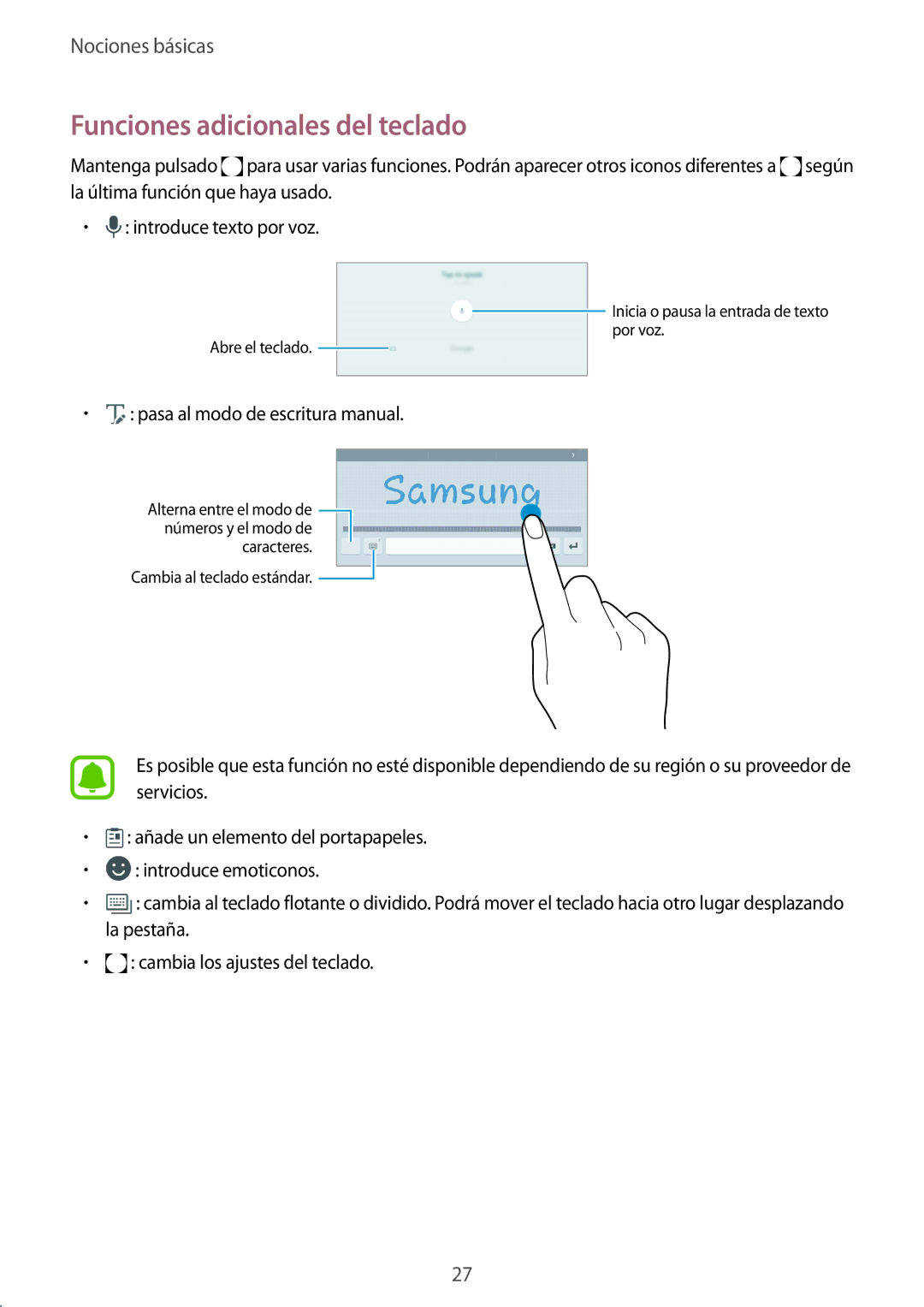 Samsung SM-T713NZKEPHE, SM-T713NZWEPHE, SM-T813NZKEPHE, SM-T813NZWEPHE manual Funciones adicionales del teclado 