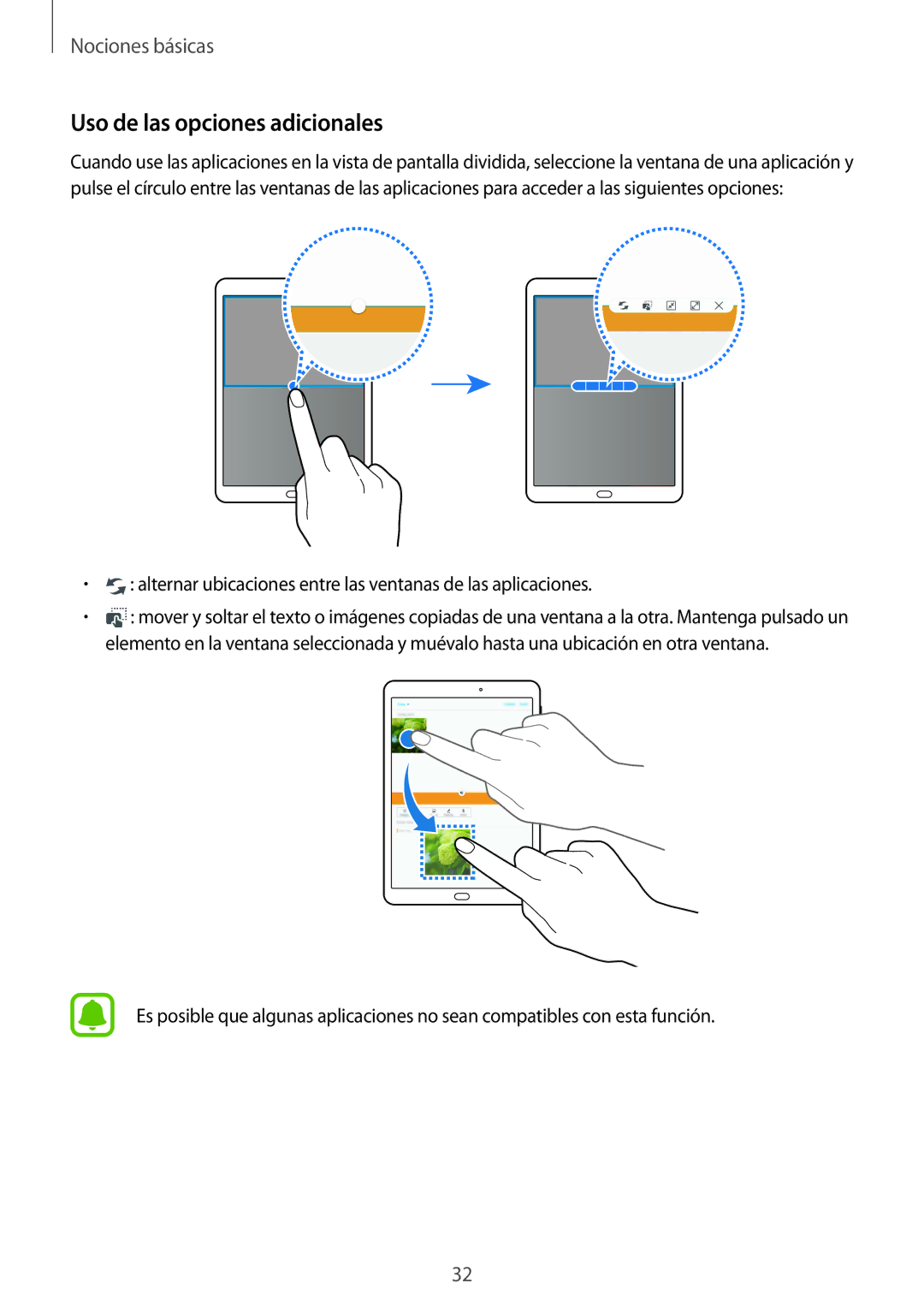 Samsung SM-T713NZWEPHE manual Uso de las opciones adicionales, Alternar ubicaciones entre las ventanas de las aplicaciones 