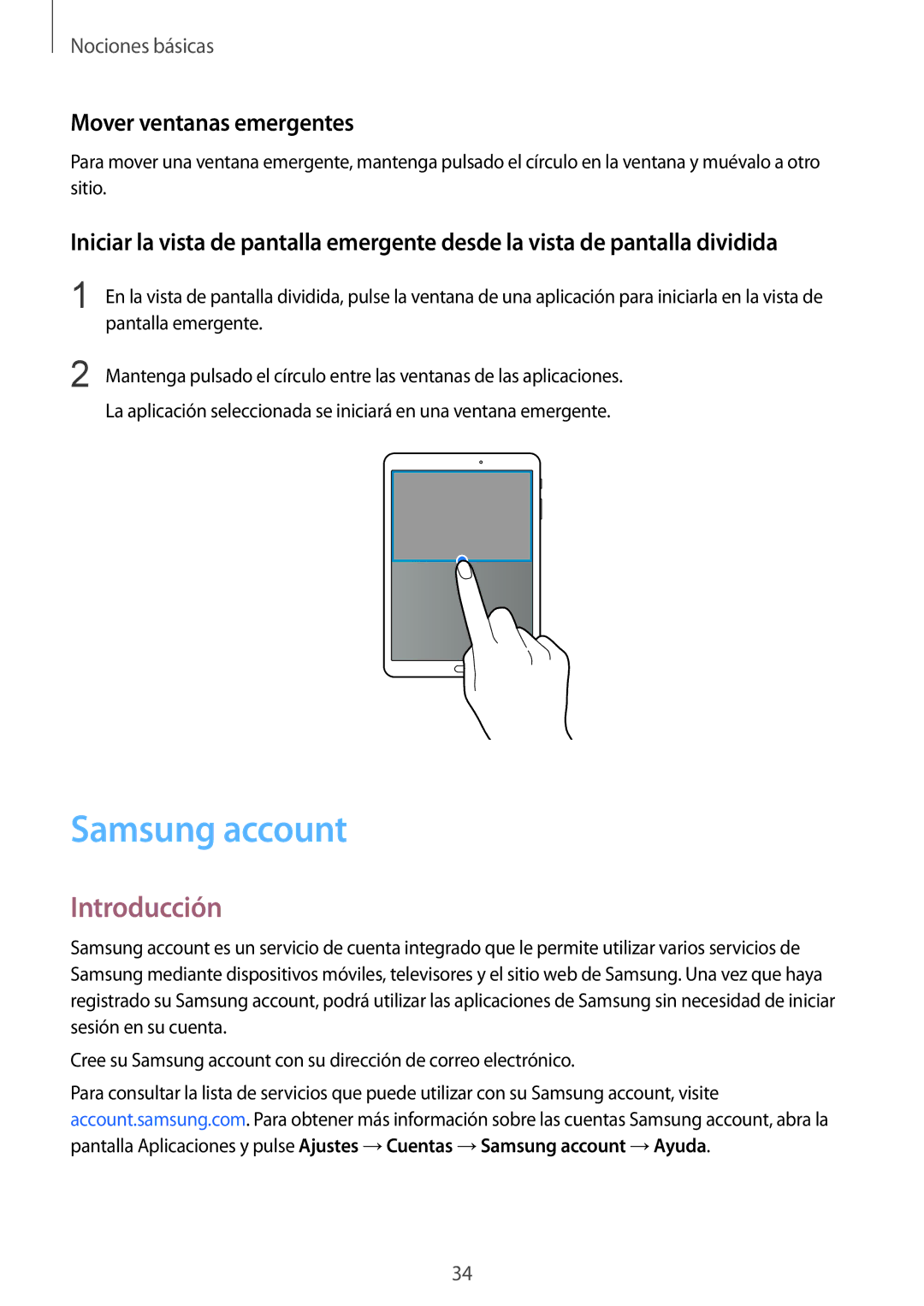 Samsung SM-T813NZWEPHE, SM-T713NZWEPHE, SM-T813NZKEPHE, SM-T713NZKEPHE manual Samsung account, Mover ventanas emergentes 