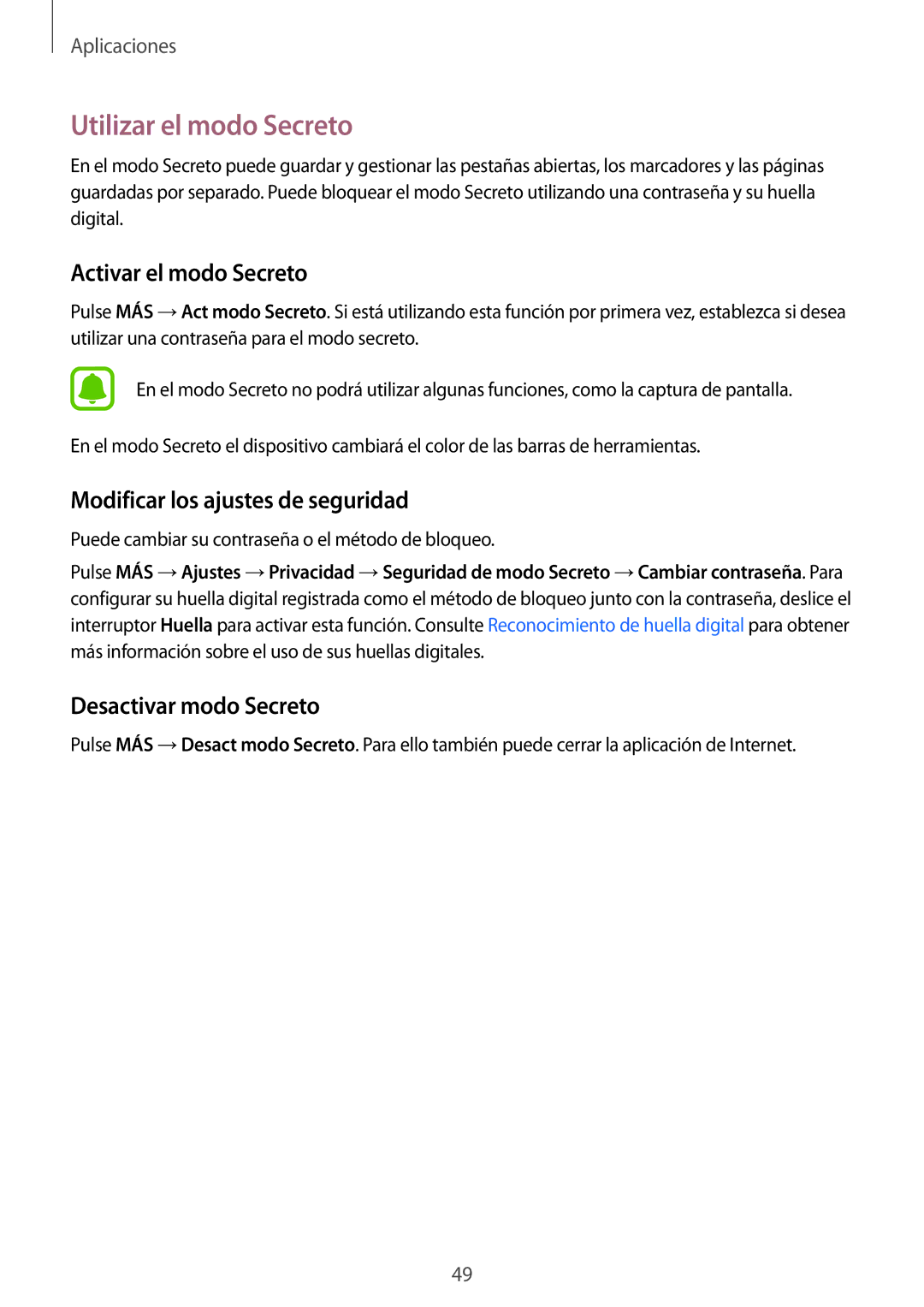 Samsung SM-T813NZKEPHE manual Utilizar el modo Secreto, Activar el modo Secreto, Modificar los ajustes de seguridad 