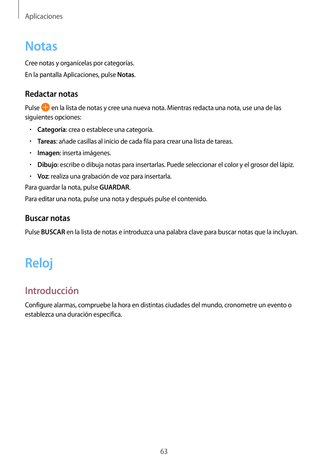 Samsung SM-T713NZKEPHE, SM-T713NZWEPHE, SM-T813NZKEPHE, SM-T813NZWEPHE manual Notas, Reloj, Redactar notas, Buscar notas 