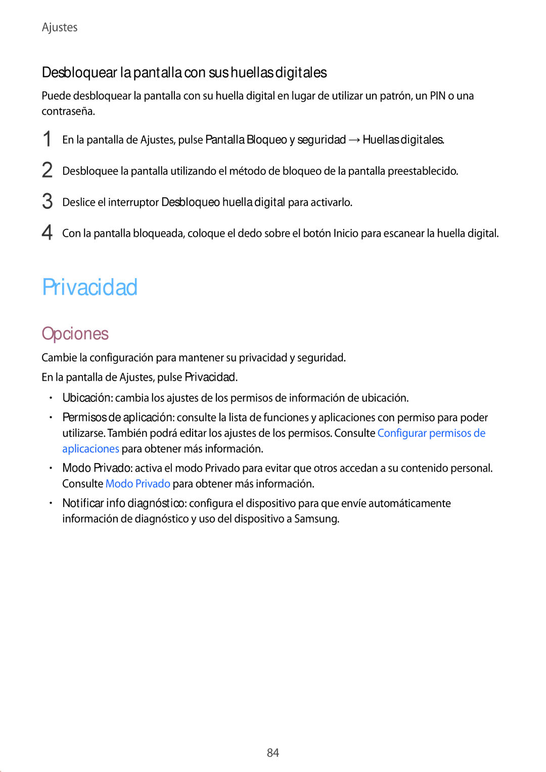 Samsung SM-T713NZWEPHE, SM-T813NZKEPHE, SM-T813NZWEPHE manual Privacidad, Desbloquear la pantalla con sus huellas digitales 