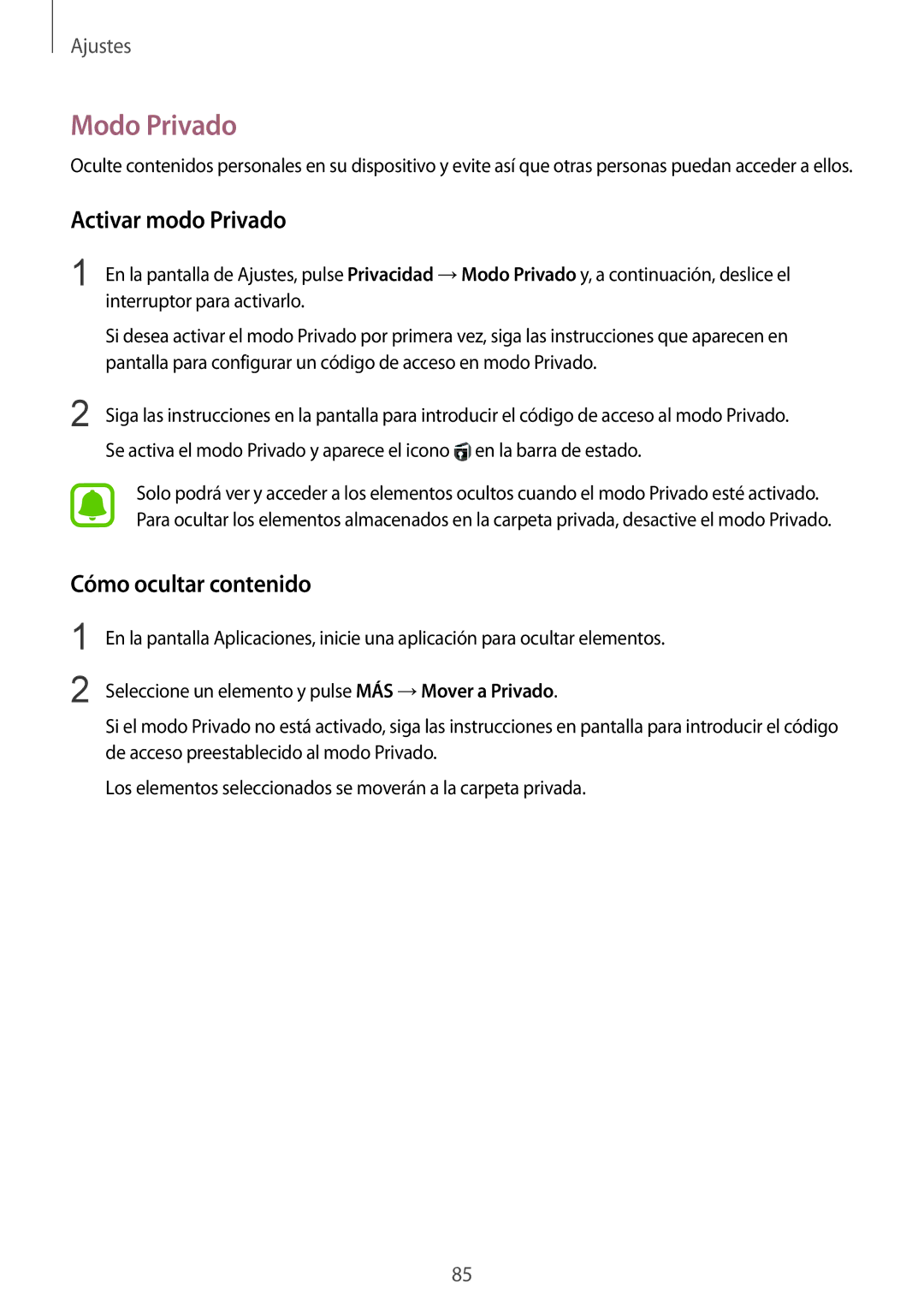 Samsung SM-T813NZKEPHE, SM-T713NZWEPHE, SM-T813NZWEPHE manual Modo Privado, Activar modo Privado, Cómo ocultar contenido 