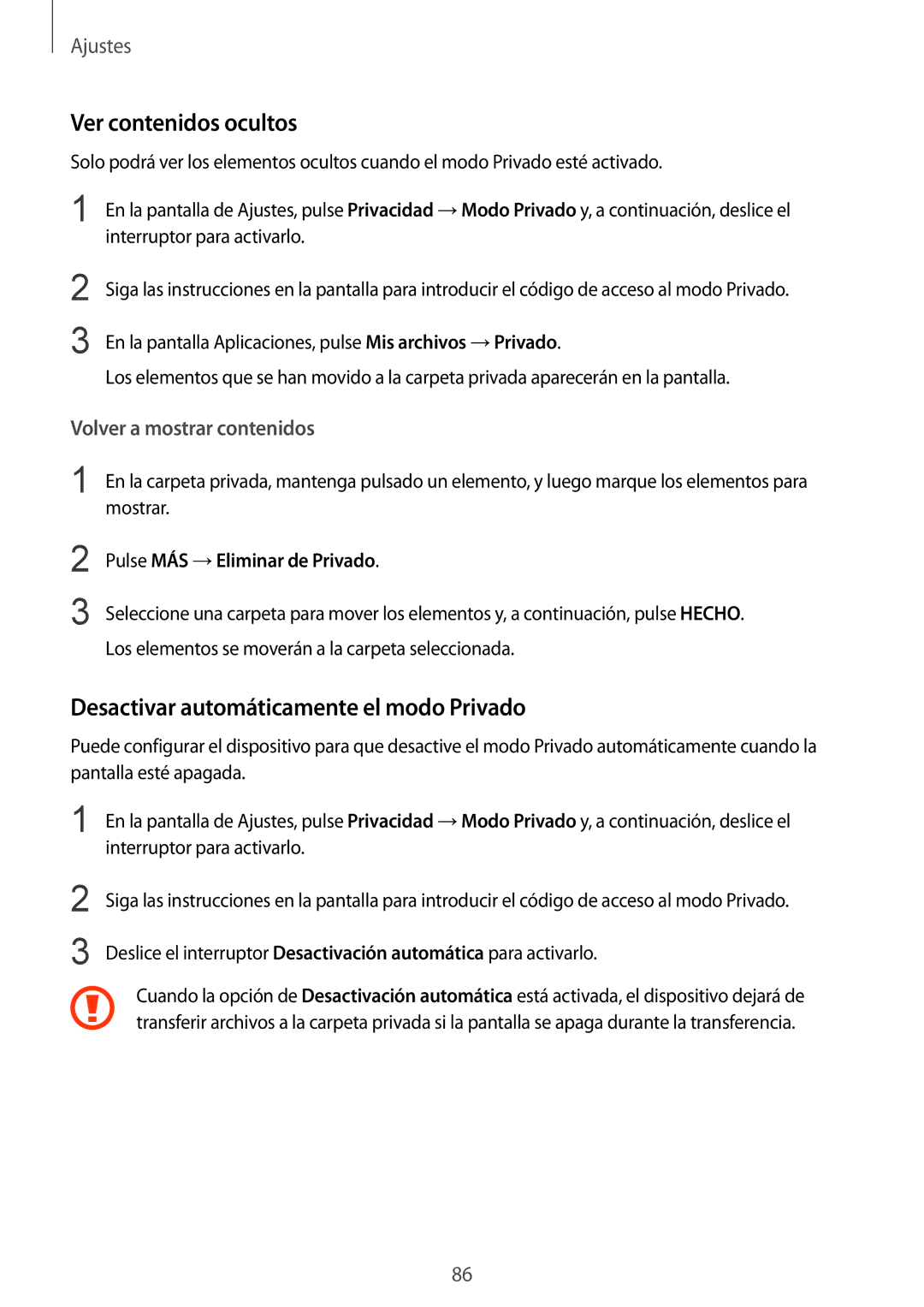 Samsung SM-T813NZWEPHE Ver contenidos ocultos, Desactivar automáticamente el modo Privado, Pulse MÁS →Eliminar de Privado 