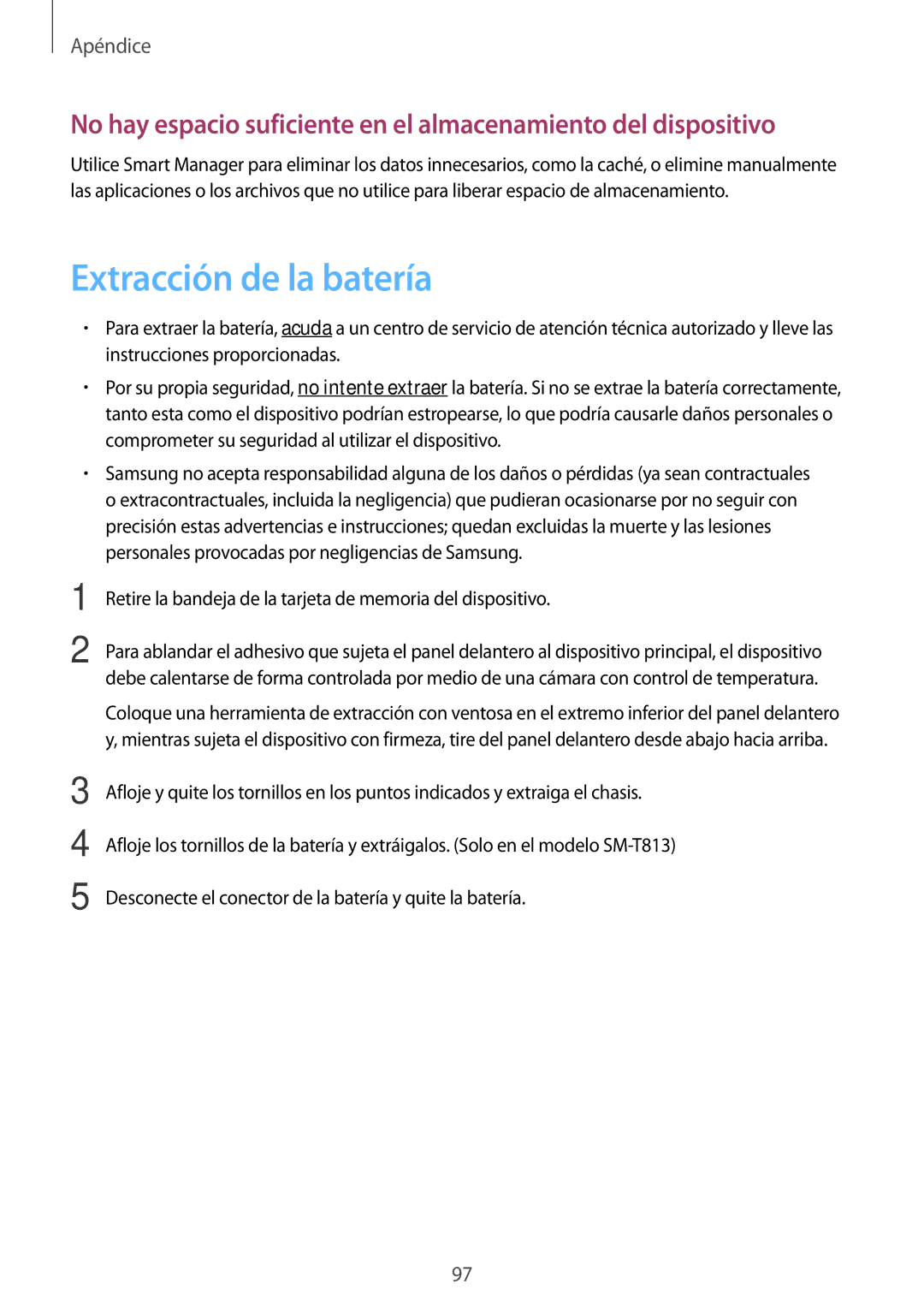 Samsung SM-T813NZKEPHE manual Extracción de la batería, Retire la bandeja de la tarjeta de memoria del dispositivo 