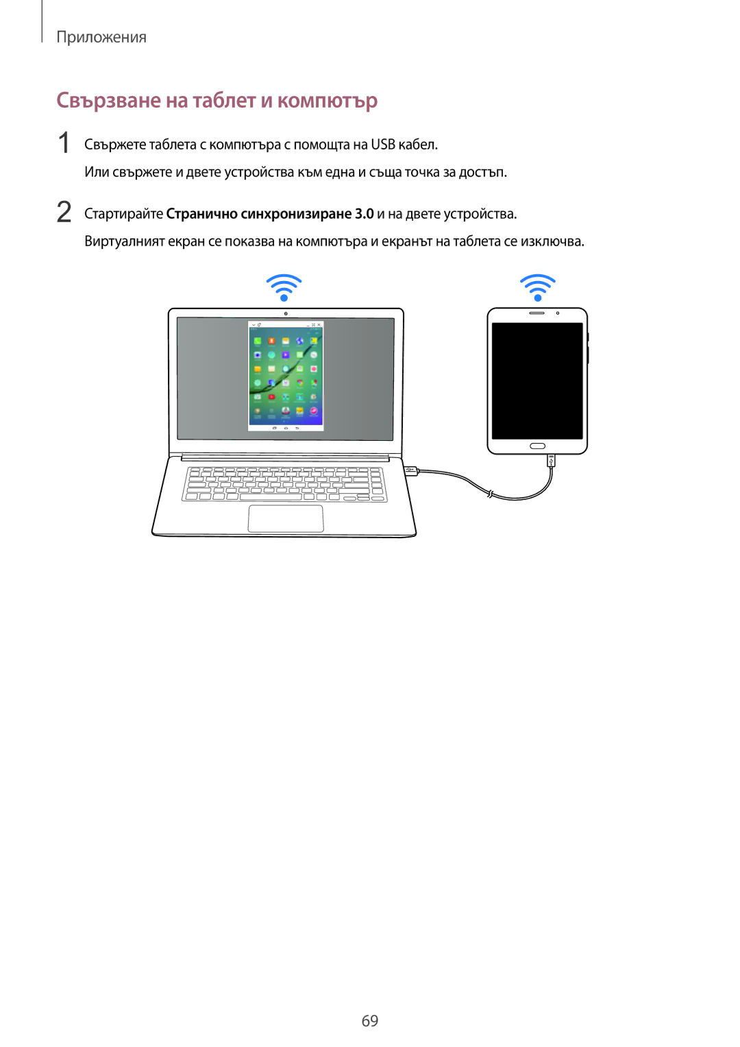 Samsung SM-T715NZKEBGL manual Свързване на таблет и компютър, Свържете таблета с компютъра с помощта на USB кабел 