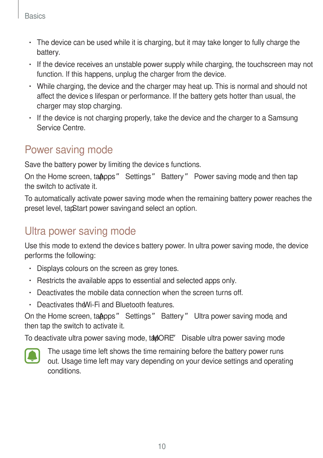 Samsung SM-T715YZWEXXV, SM-T715NZKEDBT, SM-T715NZWEDBT, SM-T715NZWEXEF manual Power saving mode, Ultra power saving mode 