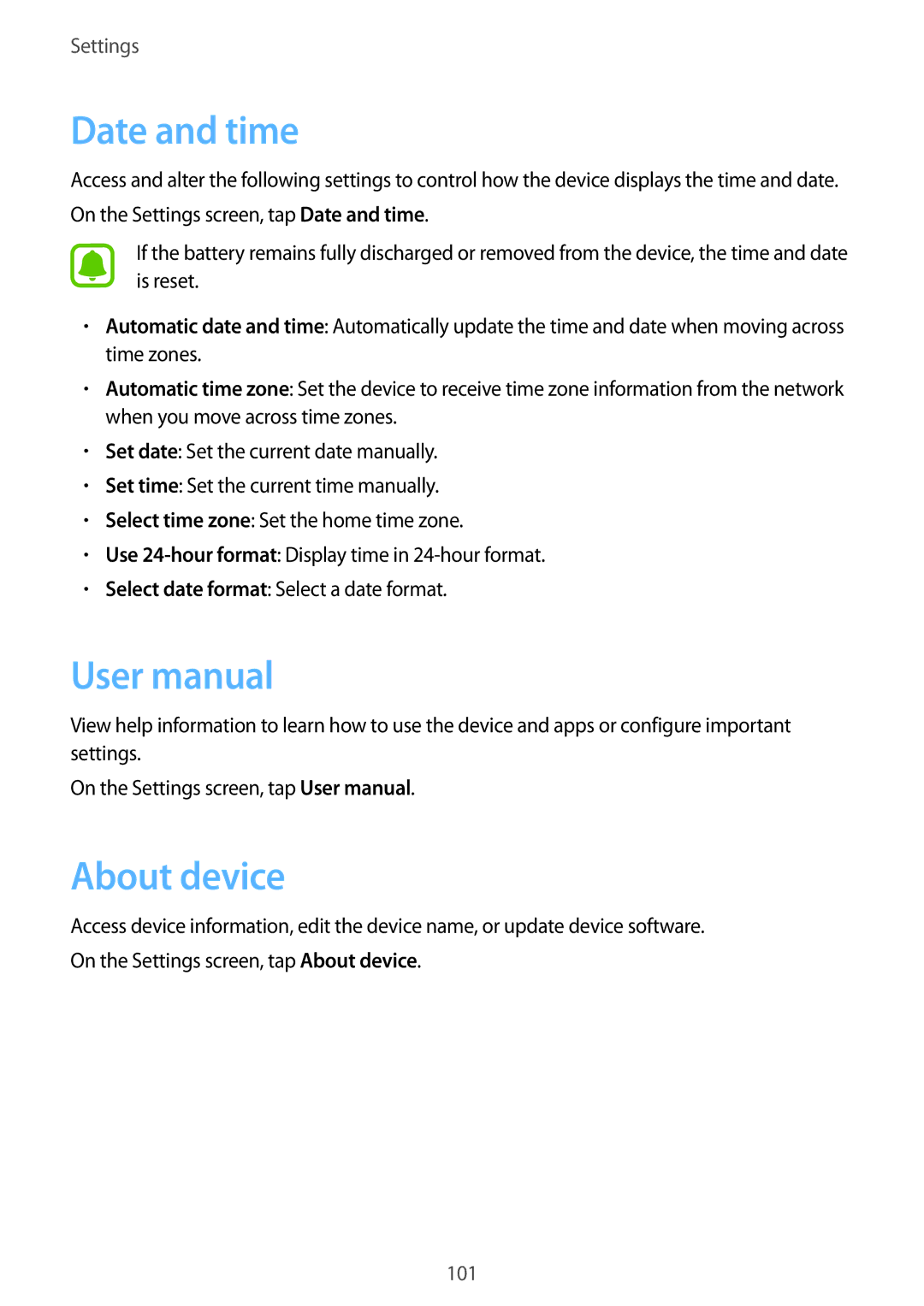 Samsung SM-T715NZWEDBT, SM-T715NZKEDBT, SM-T715NZWEXEF, SM-T715NZKEXEO, SM-T715NZWEITV manual Date and time, About device 