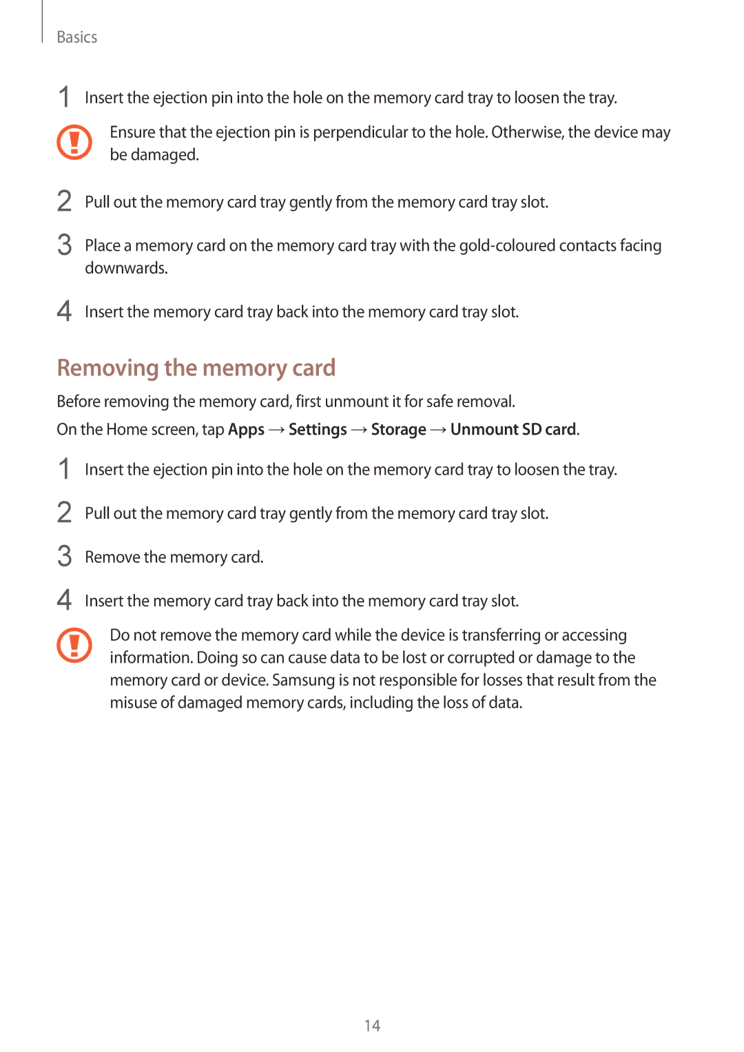 Samsung SM-T715NZKEPAN, SM-T715NZKEDBT, SM-T715NZWEDBT, SM-T715NZWEXEF, SM-T715NZKEXEO manual Removing the memory card 