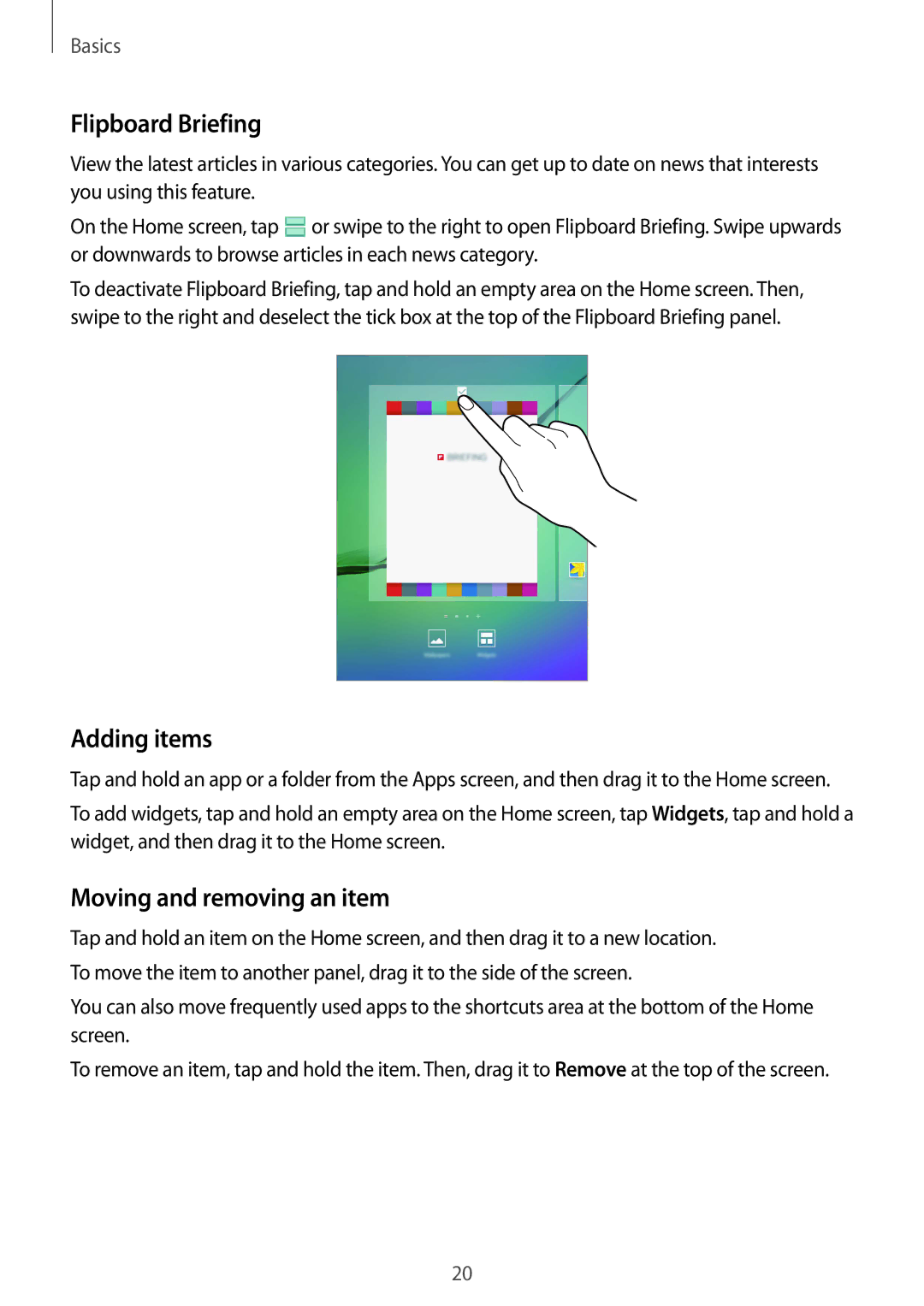 Samsung SM-T715NZWEXEH, SM-T715NZKEDBT, SM-T715NZWEDBT manual Flipboard Briefing, Adding items, Moving and removing an item 