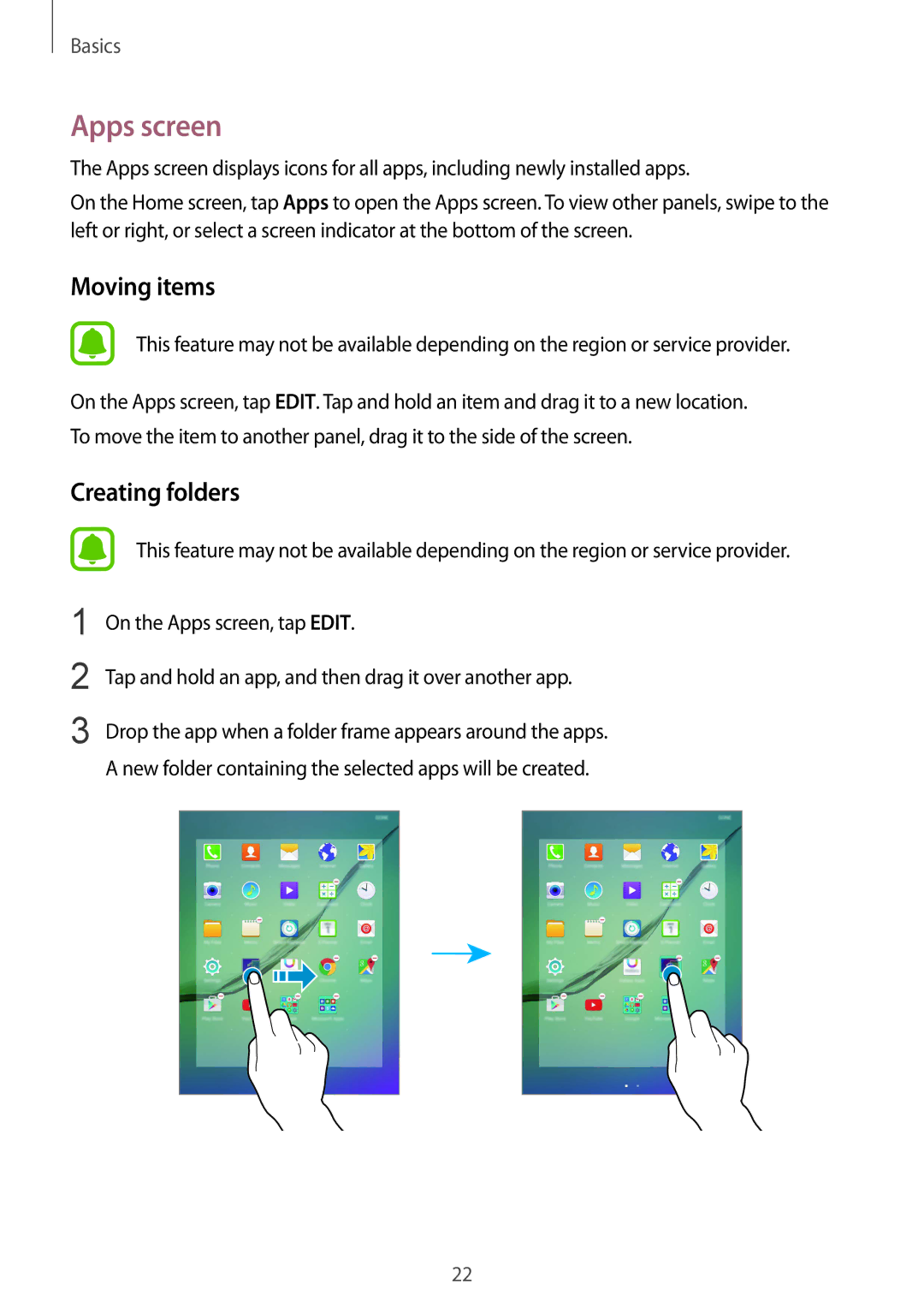 Samsung SM-T715NZKEEUR, SM-T715NZKEDBT, SM-T715NZWEDBT, SM-T715NZWEXEF, SM-T715NZKEXEO manual Apps screen, Moving items 