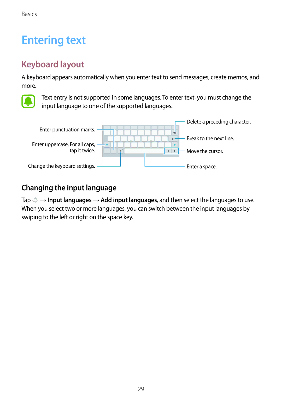 Samsung SM-T715NZWEITV, SM-T715NZKEDBT, SM-T715NZWEDBT manual Entering text, Keyboard layout, Changing the input language 