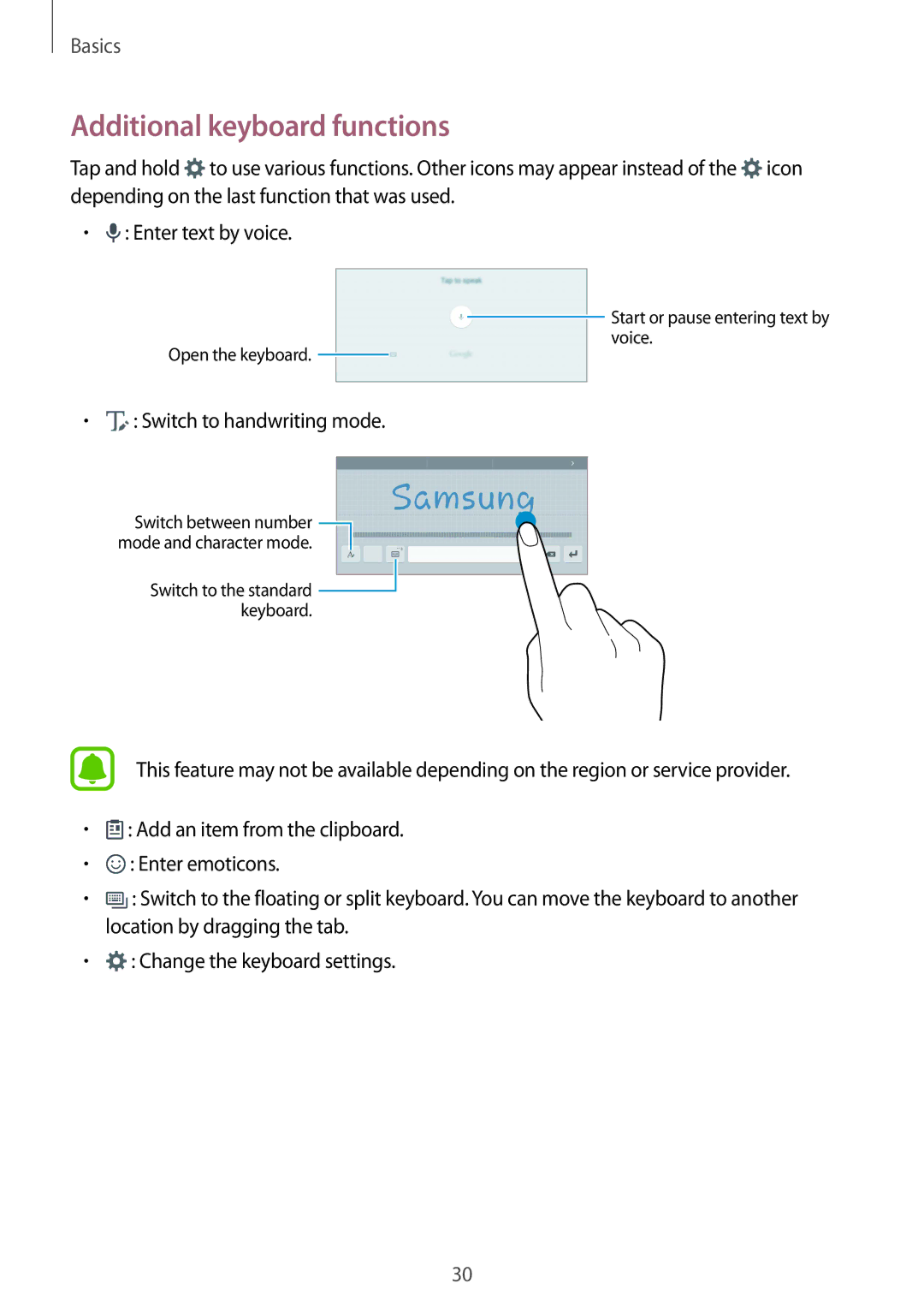 Samsung SM-T715NZDEITV, SM-T715NZKEDBT, SM-T715NZWEDBT manual Additional keyboard functions, Switch to handwriting mode 