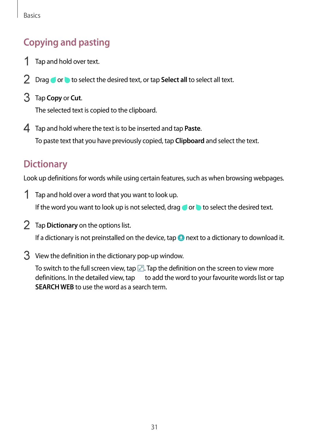 Samsung SM-T715NZKEITV, SM-T715NZKEDBT, SM-T715NZWEDBT, SM-T715NZWEXEF, SM-T715NZKEXEO manual Copying and pasting, Dictionary 