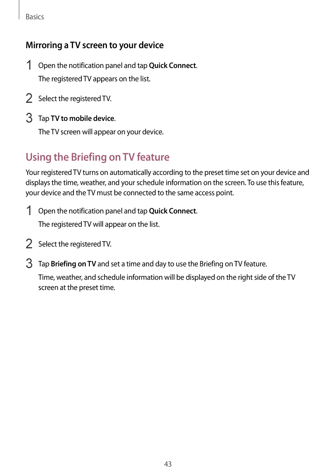 Samsung SM-T715NZDEXEO Using the Briefing on TV feature, Mirroring a TV screen to your device, Tap TV to mobile device 