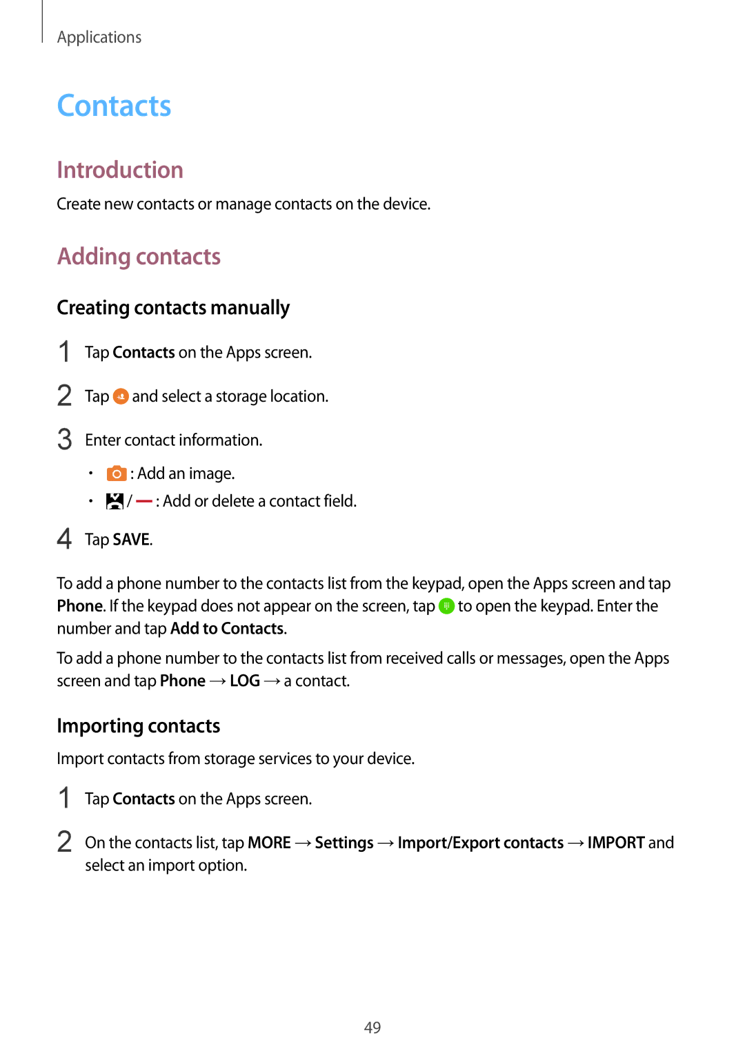 Samsung SM-T715NZKESER, SM-T715NZKEDBT Contacts, Adding contacts, Creating contacts manually, Importing contacts 