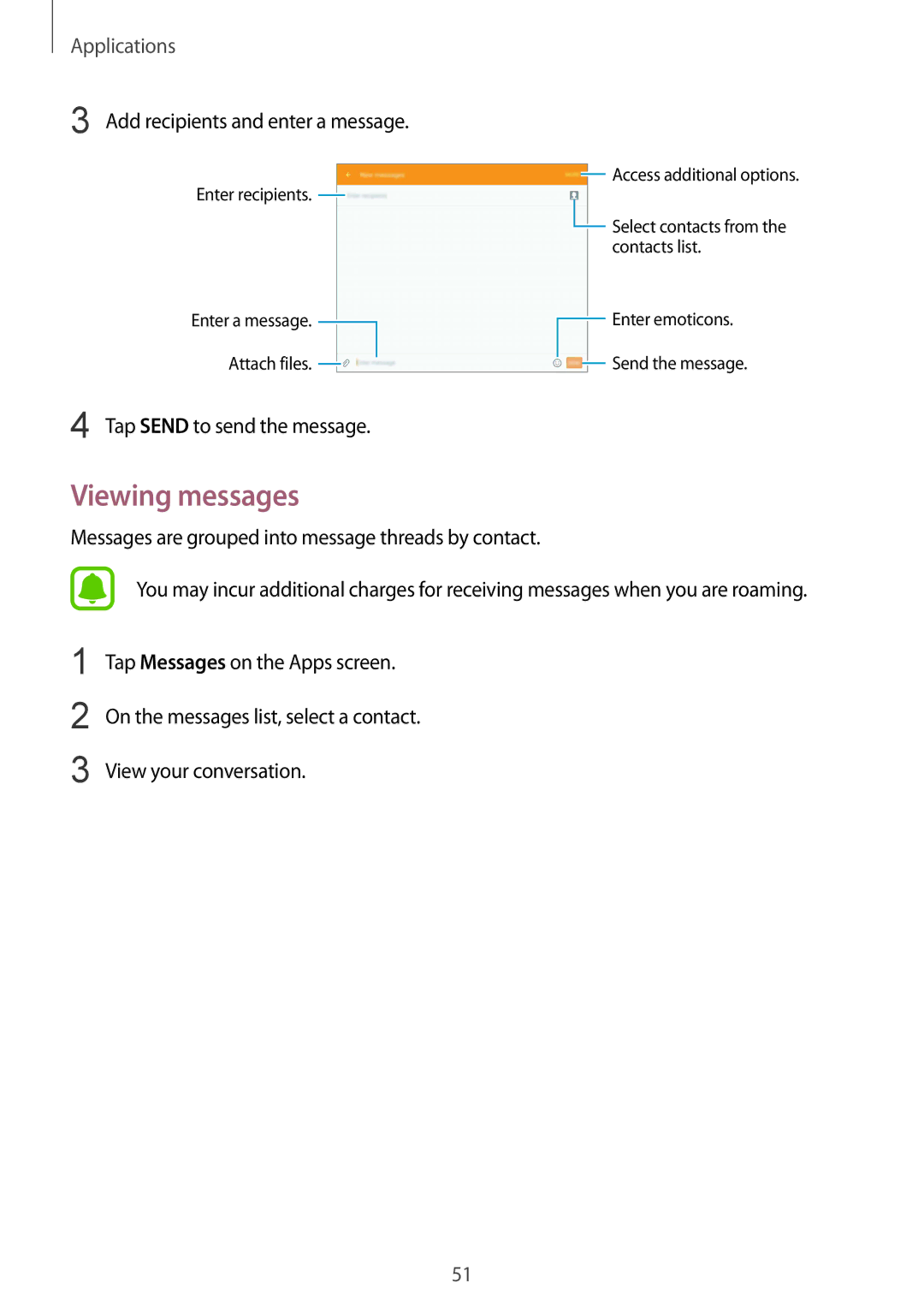 Samsung SM-T715NZWEDBT, SM-T715NZKEDBT, SM-T715NZWEXEF, SM-T715NZKEXEO Viewing messages, Add recipients and enter a message 