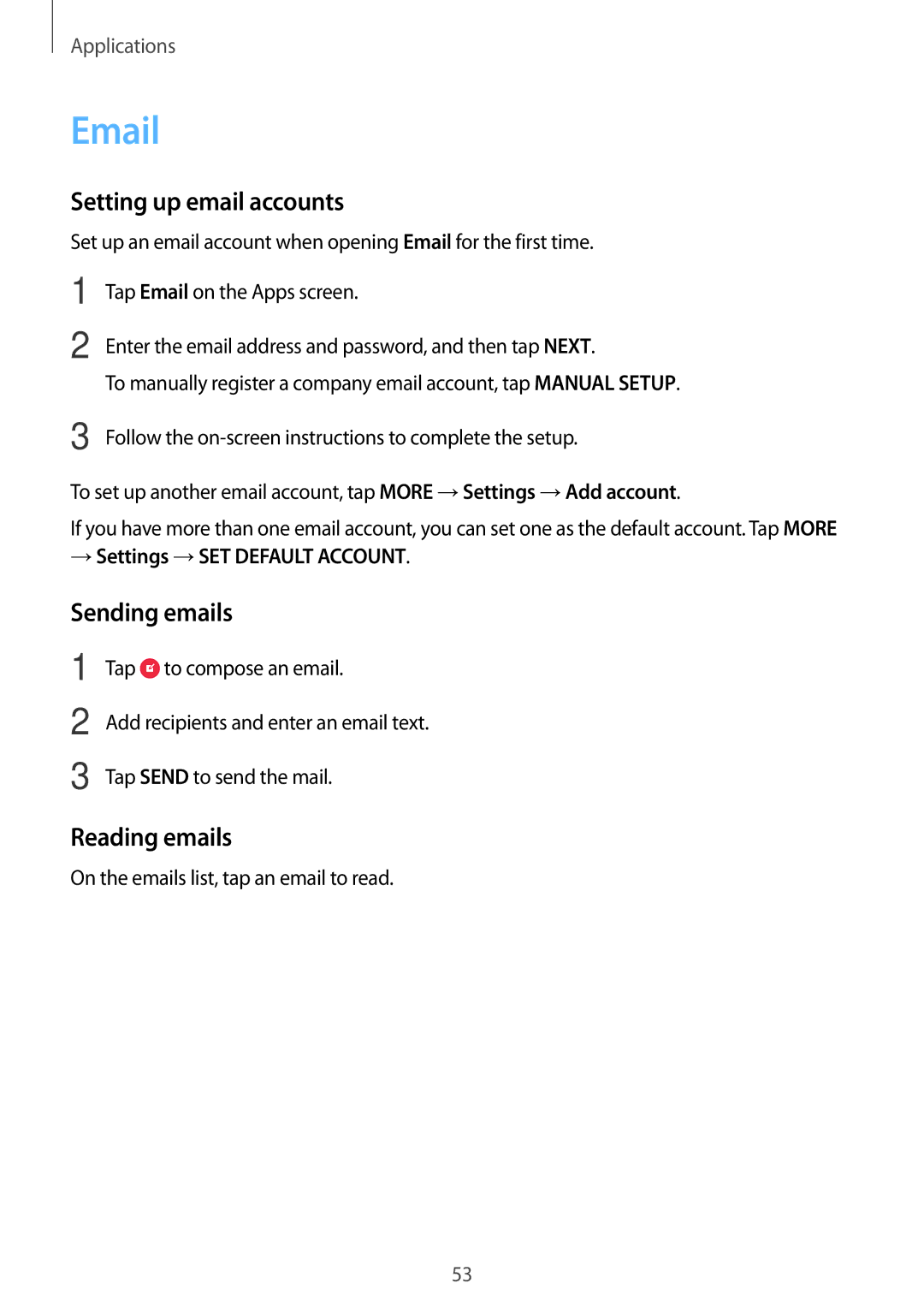 Samsung SM-T715NZKEXEO manual Setting up email accounts, Sending emails, Reading emails, → Settings →SET Default Account 