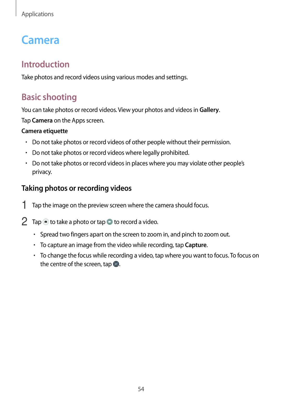 Samsung SM-T715NZWEITV, SM-T715NZKEDBT manual Basic shooting, Taking photos or recording videos, Camera etiquette 