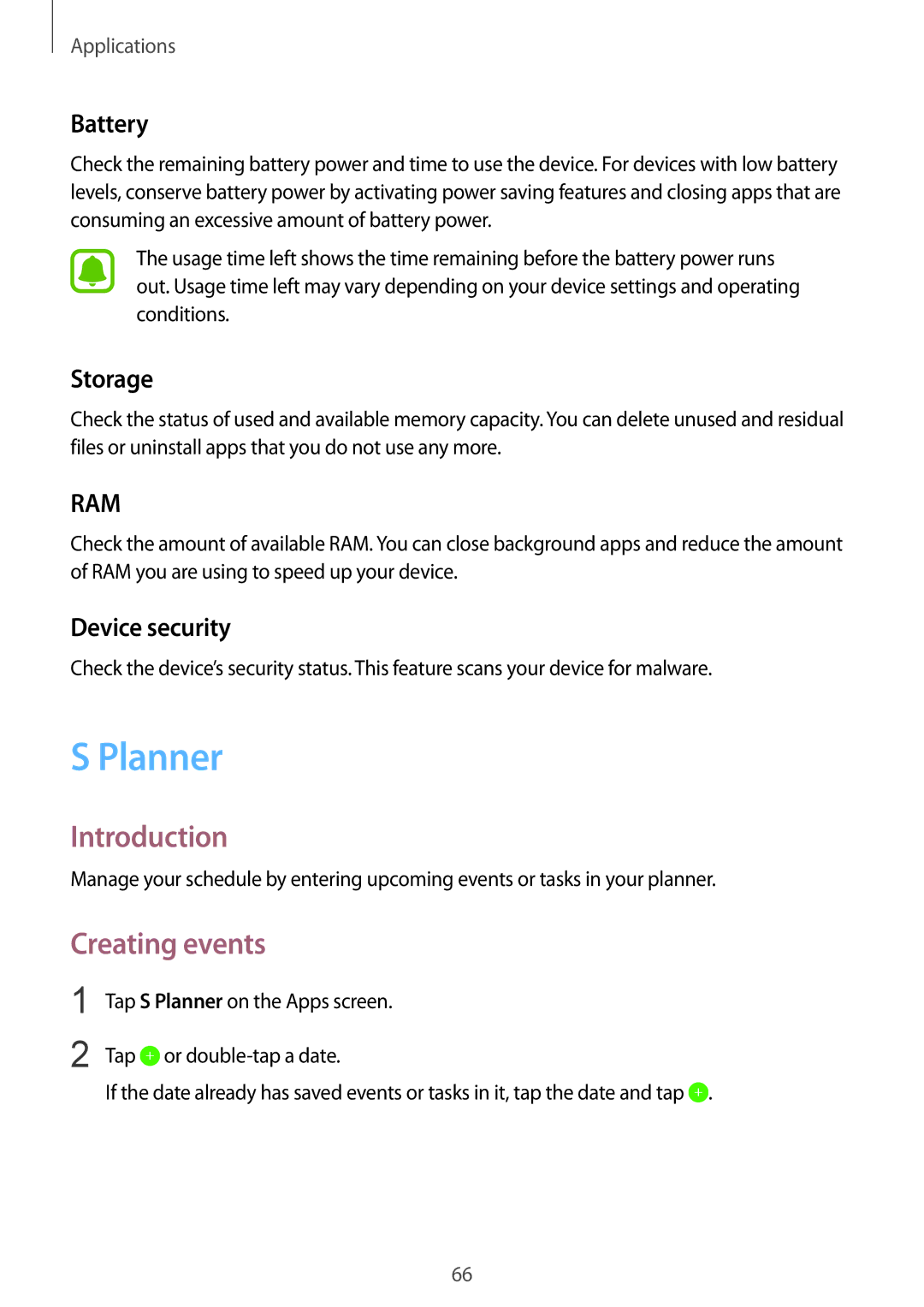 Samsung SM-T715NZWEXEZ, SM-T715NZKEDBT, SM-T715NZWEDBT manual Planner, Creating events, Battery, Storage, Device security 