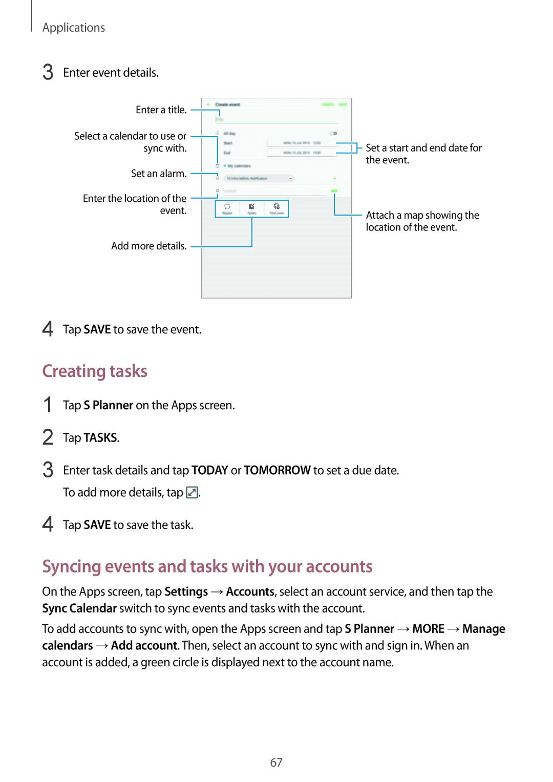 Samsung SM-T715NZWEEUR, SM-T715NZKEDBT, SM-T715NZWEDBT manual Creating tasks, Syncing events and tasks with your accounts 