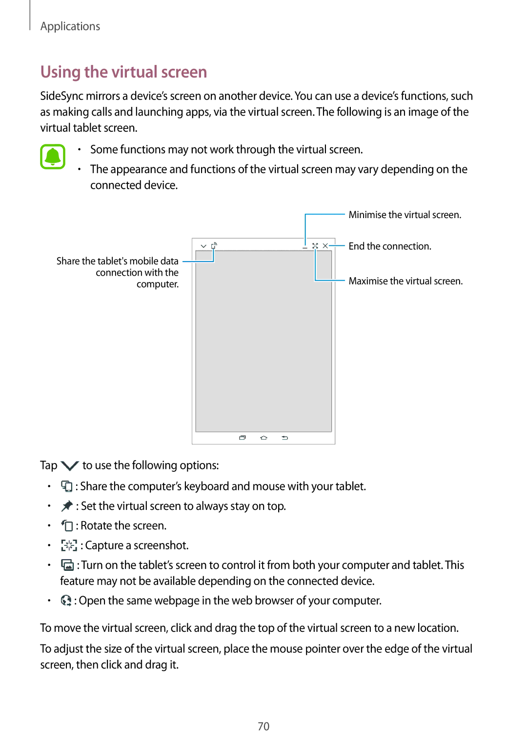 Samsung SM-T715NZWEXEH, SM-T715NZKEDBT, SM-T715NZWEDBT, SM-T715NZWEXEF, SM-T715NZKEXEO manual Using the virtual screen 