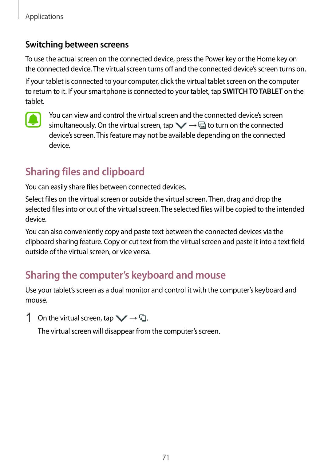 Samsung SM-T715NZWENEE Sharing files and clipboard, Sharing the computer’s keyboard and mouse, Switching between screens 