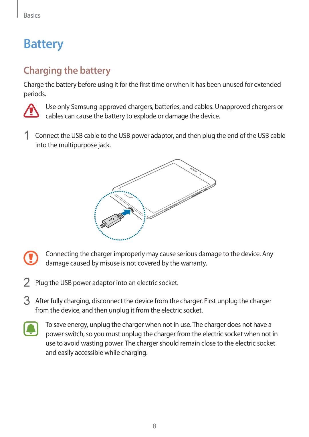 Samsung SM-T715YZKEXXV, SM-T715NZKEDBT, SM-T715NZWEDBT, SM-T715NZWEXEF, SM-T715NZKEXEO manual Battery, Charging the battery 