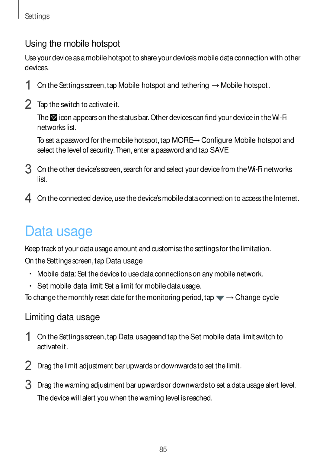 Samsung SM-T715YZWEXXV, SM-T715NZKEDBT, SM-T715NZWEDBT manual Data usage, Using the mobile hotspot, Limiting data usage 