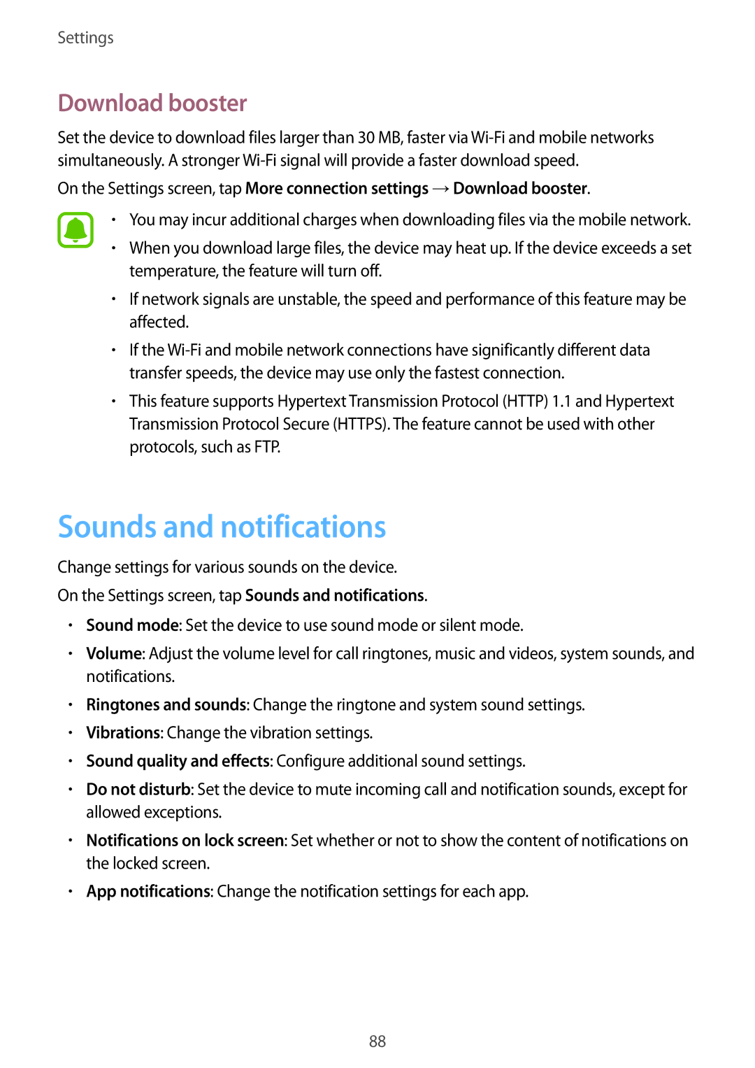 Samsung SM-T715NZKEXEH, SM-T715NZKEDBT, SM-T715NZWEDBT, SM-T715NZWEXEF manual Sounds and notifications, Download booster 