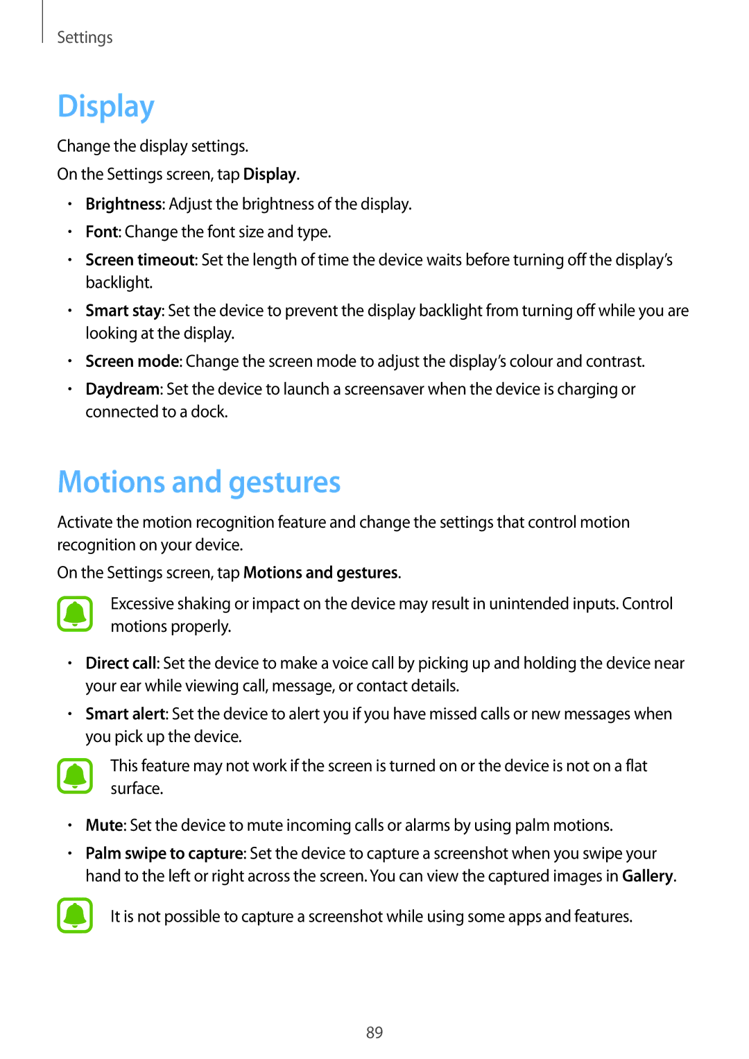 Samsung SM-T715NZKEPAN, SM-T715NZKEDBT, SM-T715NZWEDBT, SM-T715NZWEXEF, SM-T715NZKEXEO manual Display, Motions and gestures 