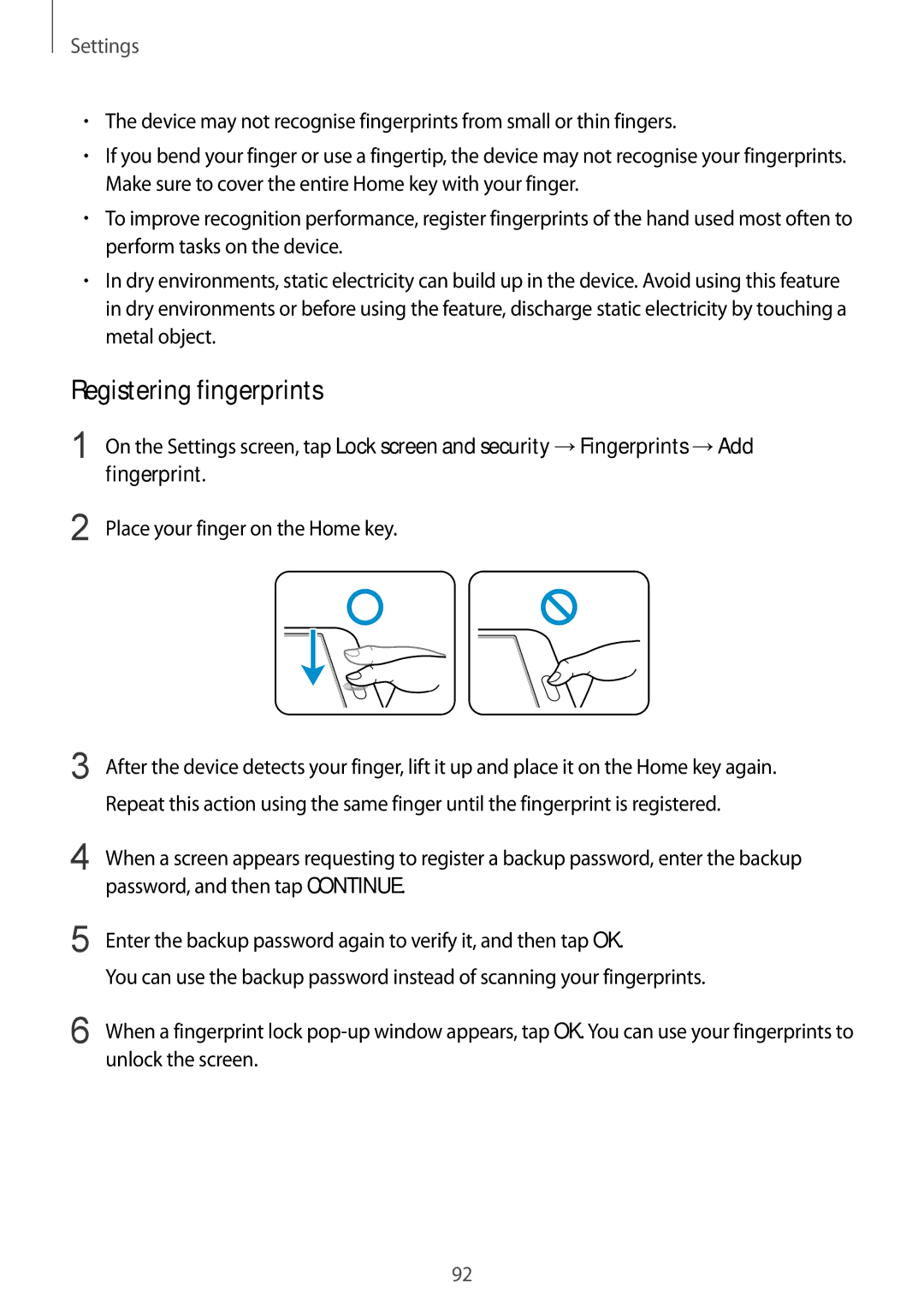 Samsung SM-T715NZWEEUR, SM-T715NZKEDBT, SM-T715NZWEDBT, SM-T715NZWEXEF, SM-T715NZKEXEO manual Registering fingerprints 