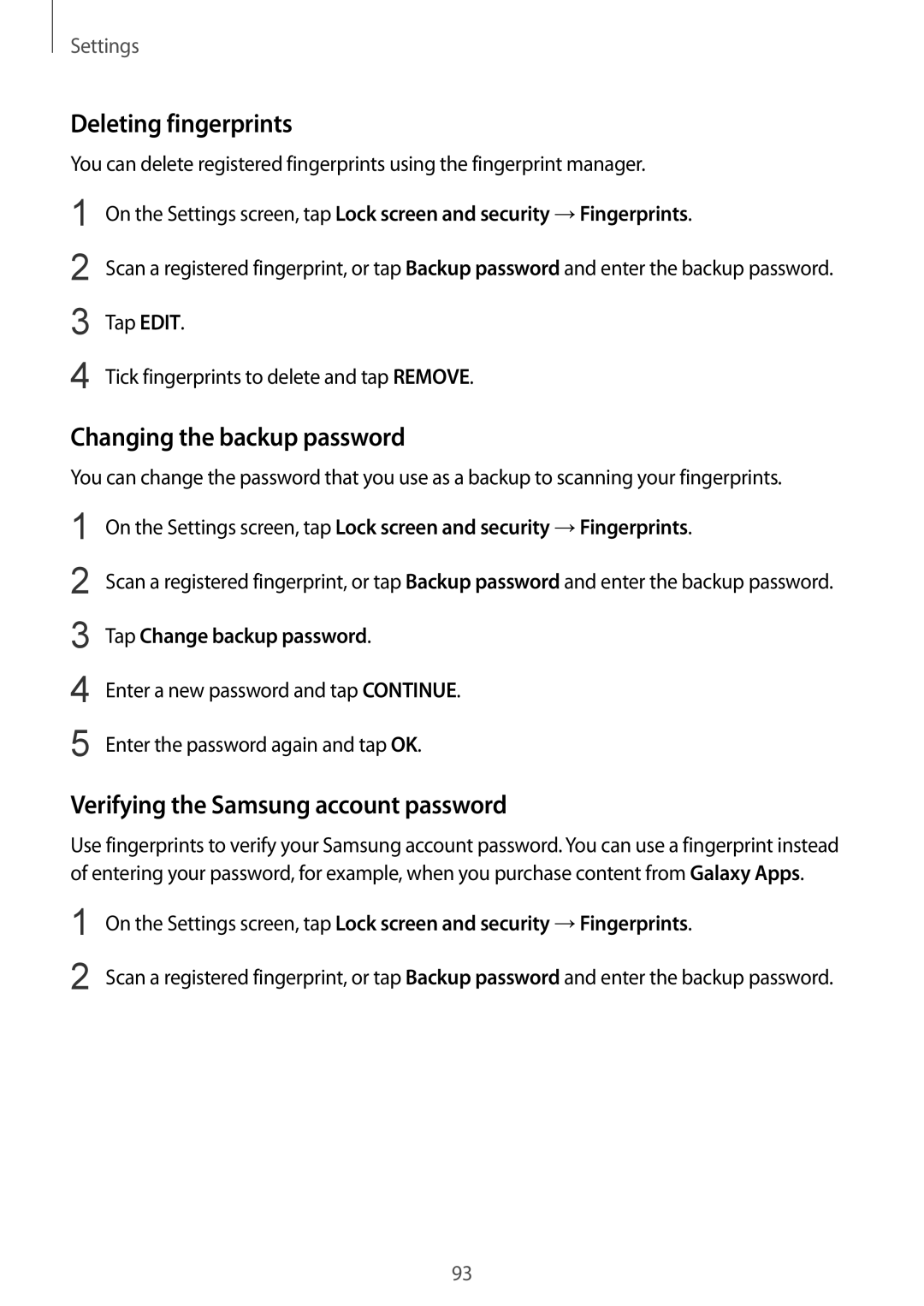 Samsung SM-T715NZDEXEO manual Deleting fingerprints, Changing the backup password, Verifying the Samsung account password 