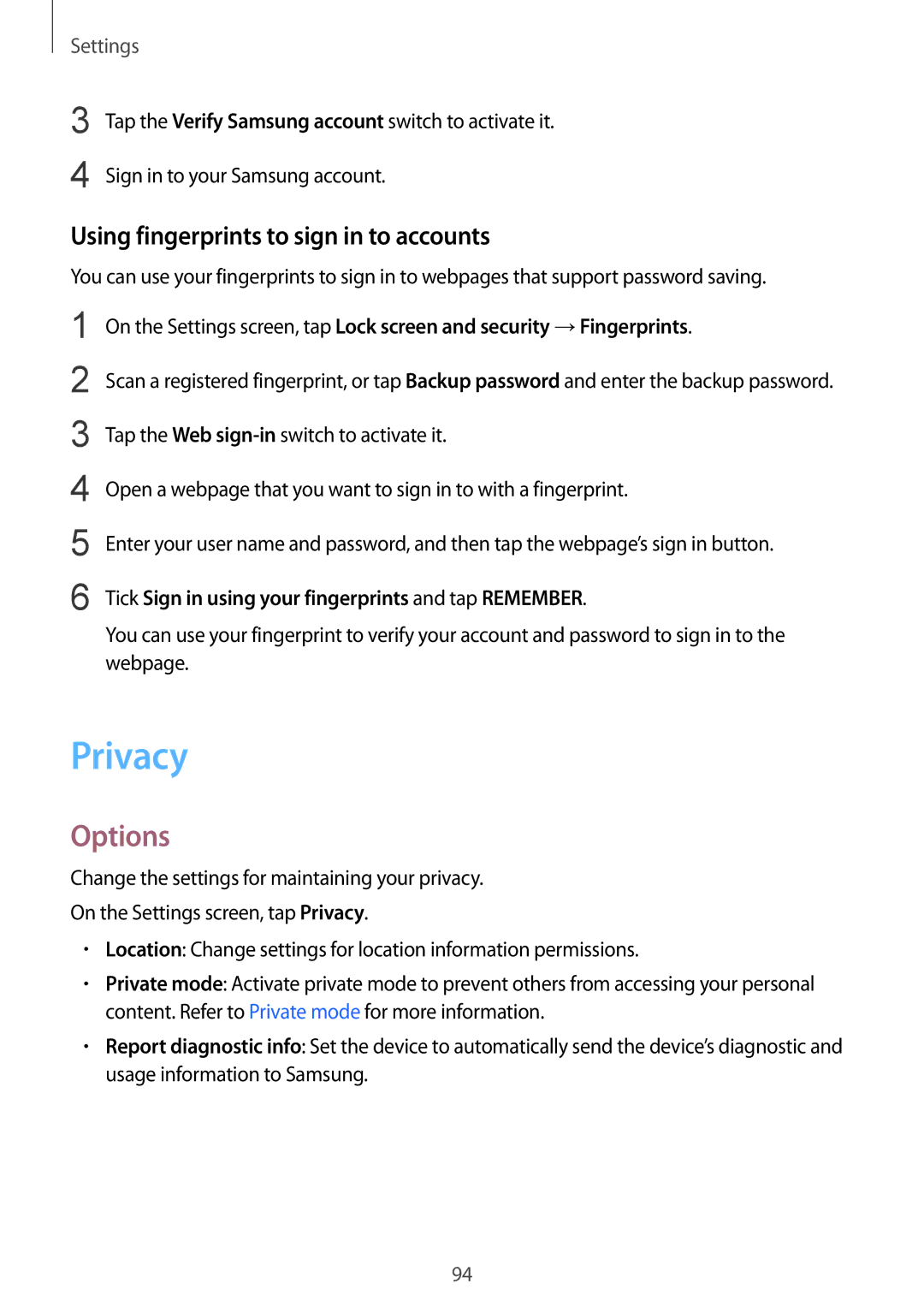 Samsung SM-T715NZKEXSK, SM-T715NZKEDBT, SM-T715NZWEDBT, SM-T715NZWEXEF Privacy, Using fingerprints to sign in to accounts 