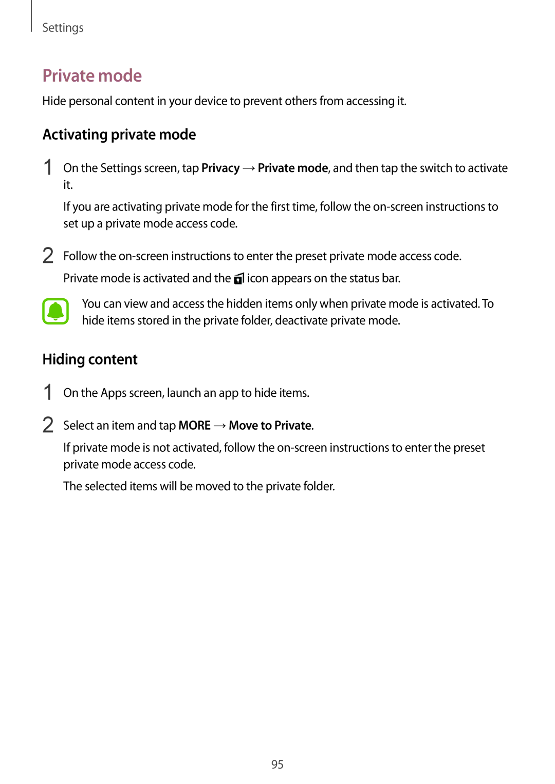 Samsung SM-T715NZWEXEH, SM-T715NZKEDBT, SM-T715NZWEDBT, SM-T715NZWEXEF Private mode, Activating private mode, Hiding content 