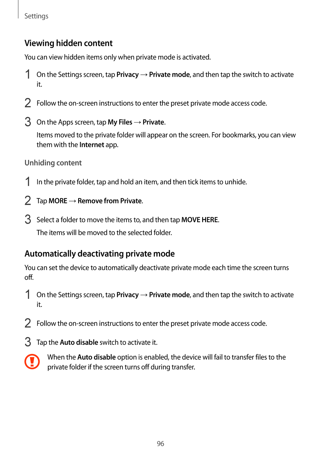 Samsung SM-T715NZWENEE Viewing hidden content, Automatically deactivating private mode, Tap More →Remove from Private 