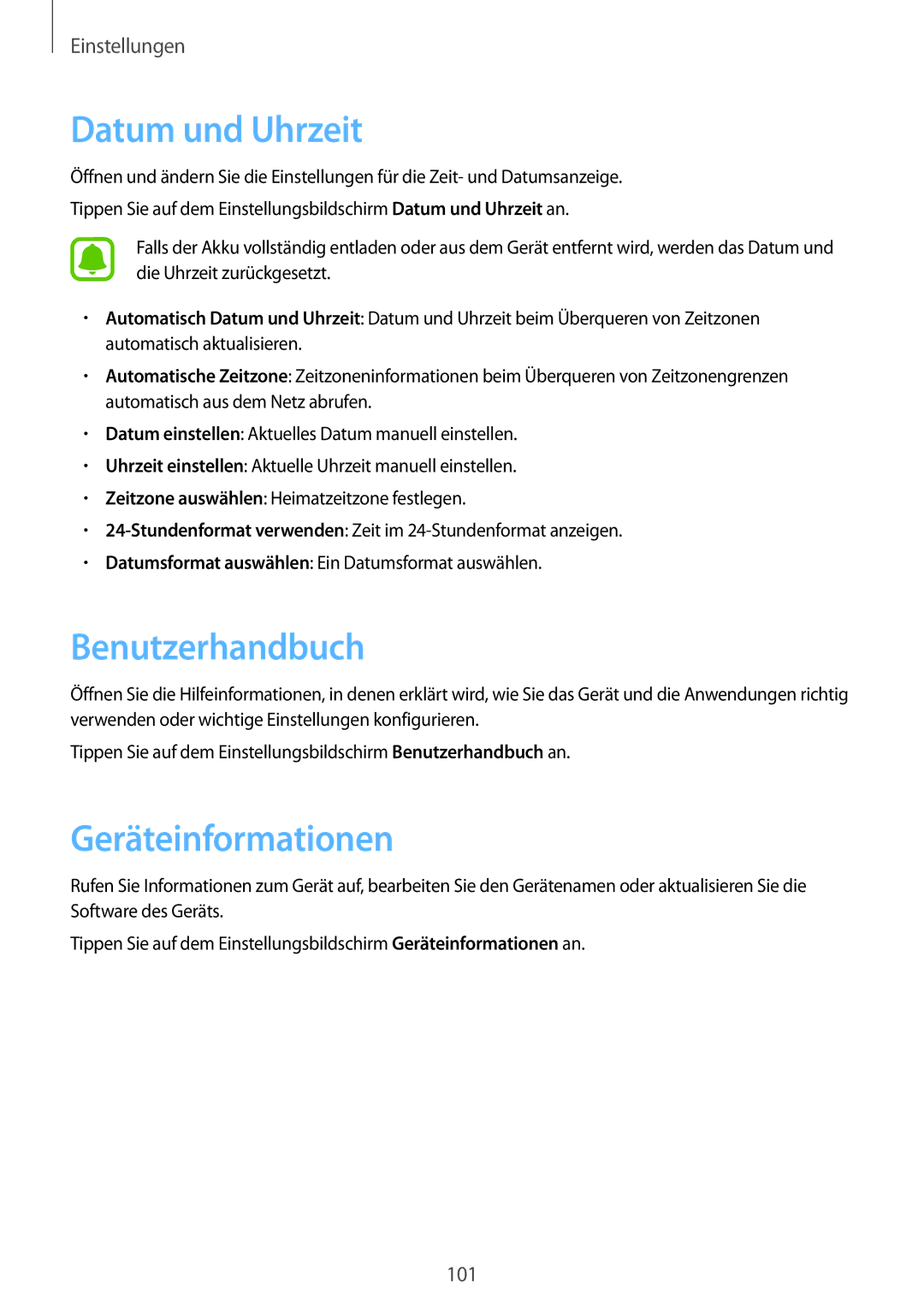 Samsung SM-T715NZWEDBT, SM-T715NZKEDBT manual Datum und Uhrzeit, Benutzerhandbuch, Geräteinformationen 