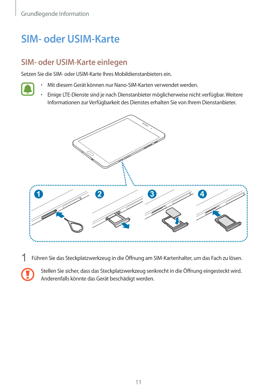 Samsung SM-T715NZWEDBT, SM-T715NZKEDBT manual SIM- oder USIM-Karte einlegen 