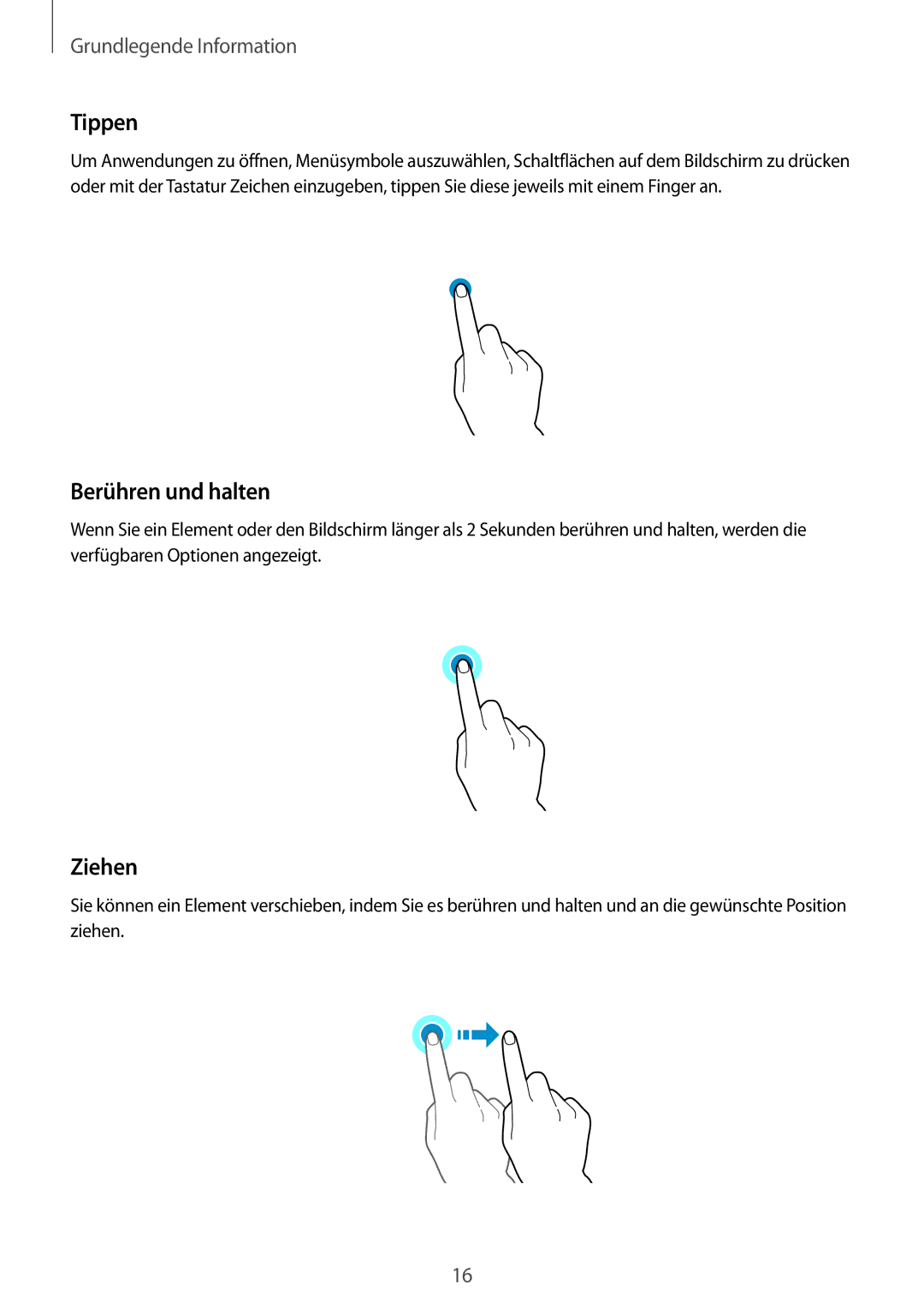 Samsung SM-T715NZKEDBT, SM-T715NZWEDBT manual Tippen, Berühren und halten, Ziehen 