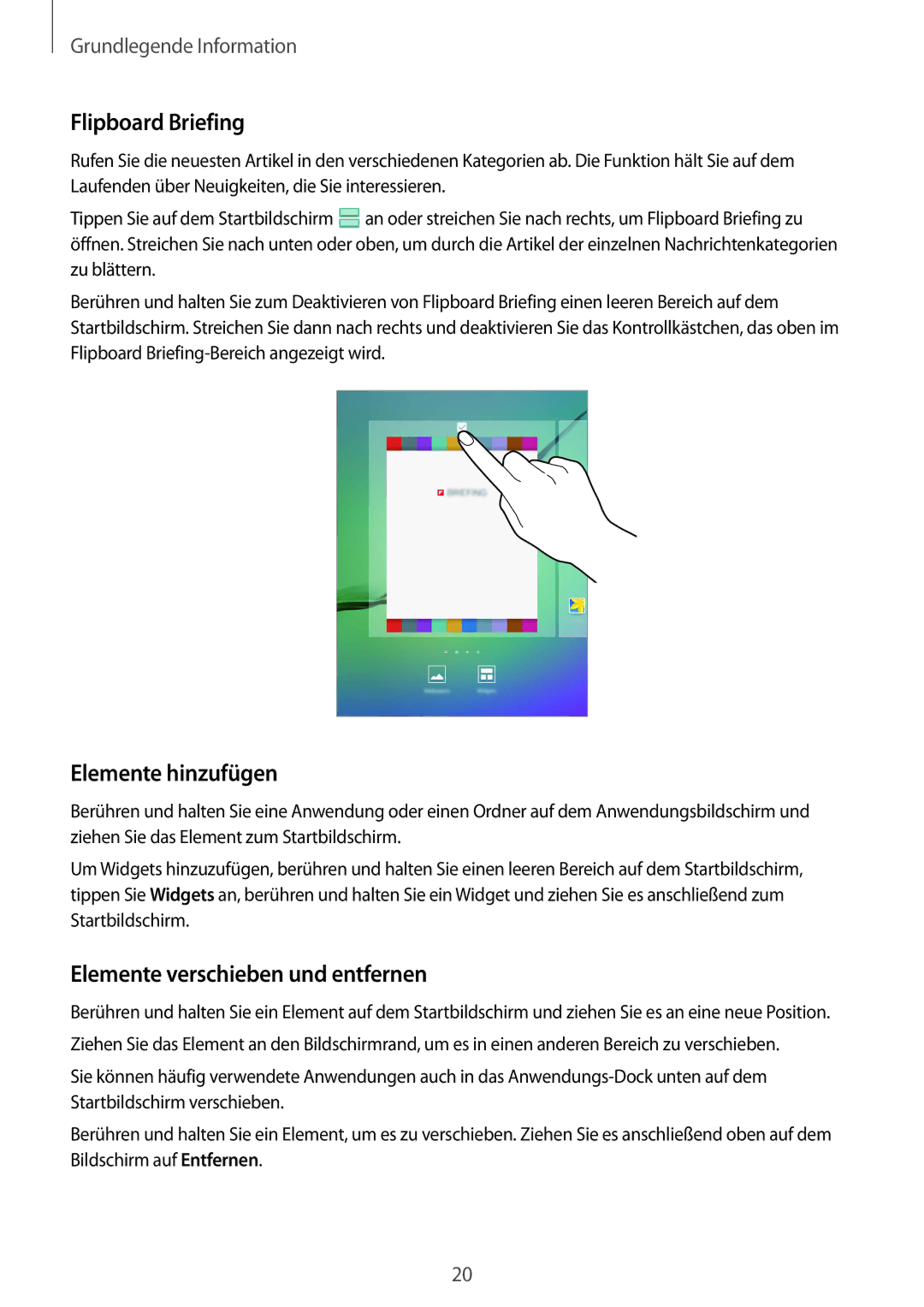 Samsung SM-T715NZKEDBT, SM-T715NZWEDBT manual Flipboard Briefing, Elemente hinzufügen, Elemente verschieben und entfernen 