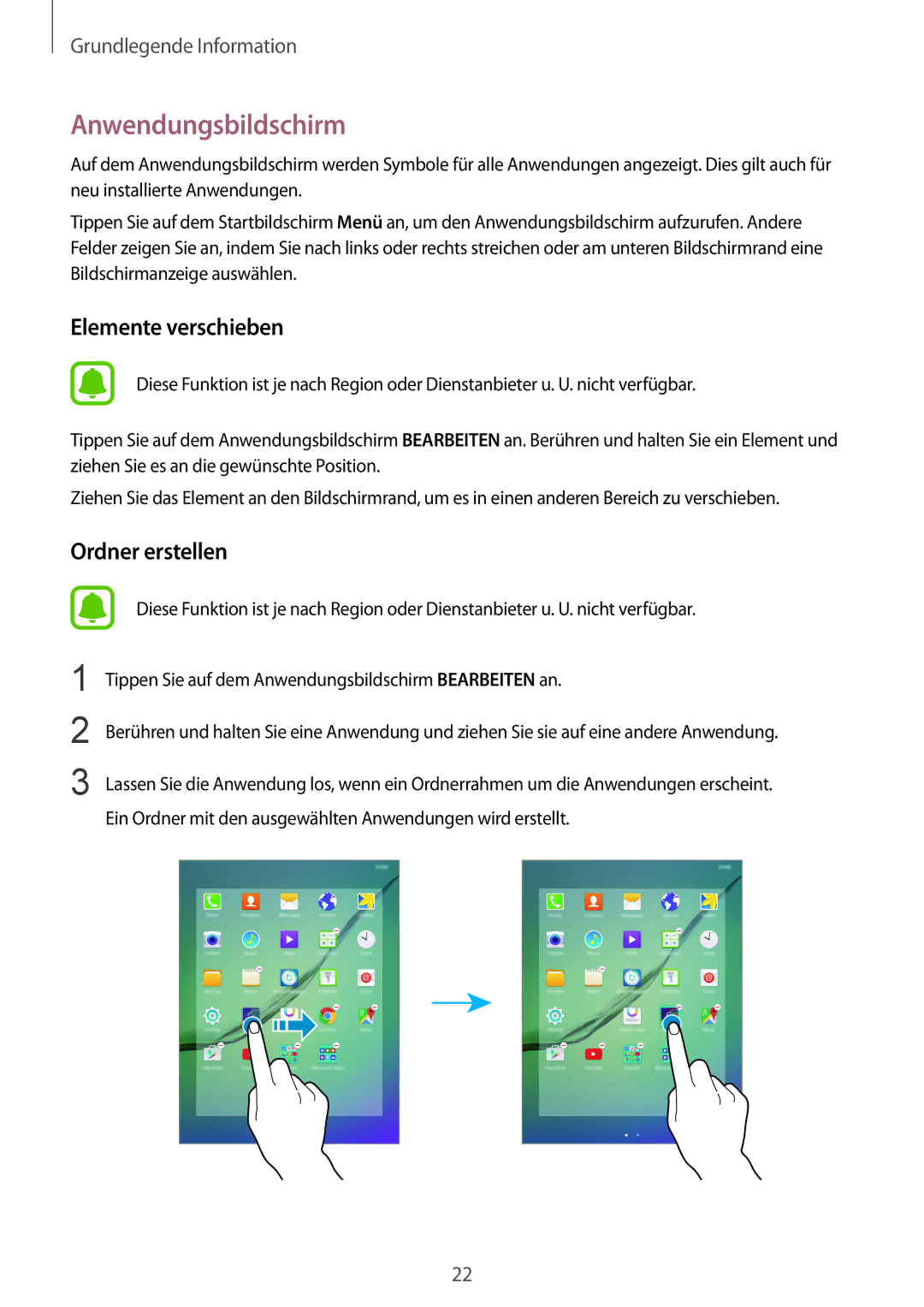 Samsung SM-T715NZKEDBT, SM-T715NZWEDBT manual Anwendungsbildschirm, Elemente verschieben 