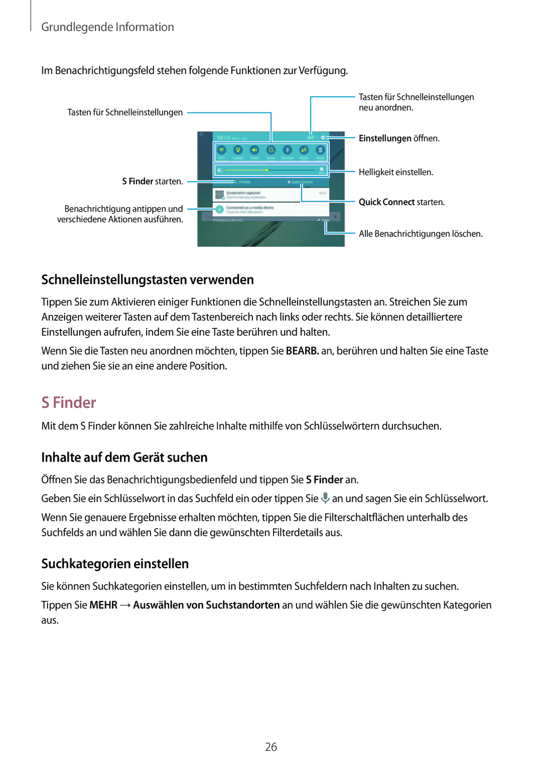 Samsung SM-T715NZKEDBT, SM-T715NZWEDBT manual Finder, Schnelleinstellungstasten verwenden, Inhalte auf dem Gerät suchen 