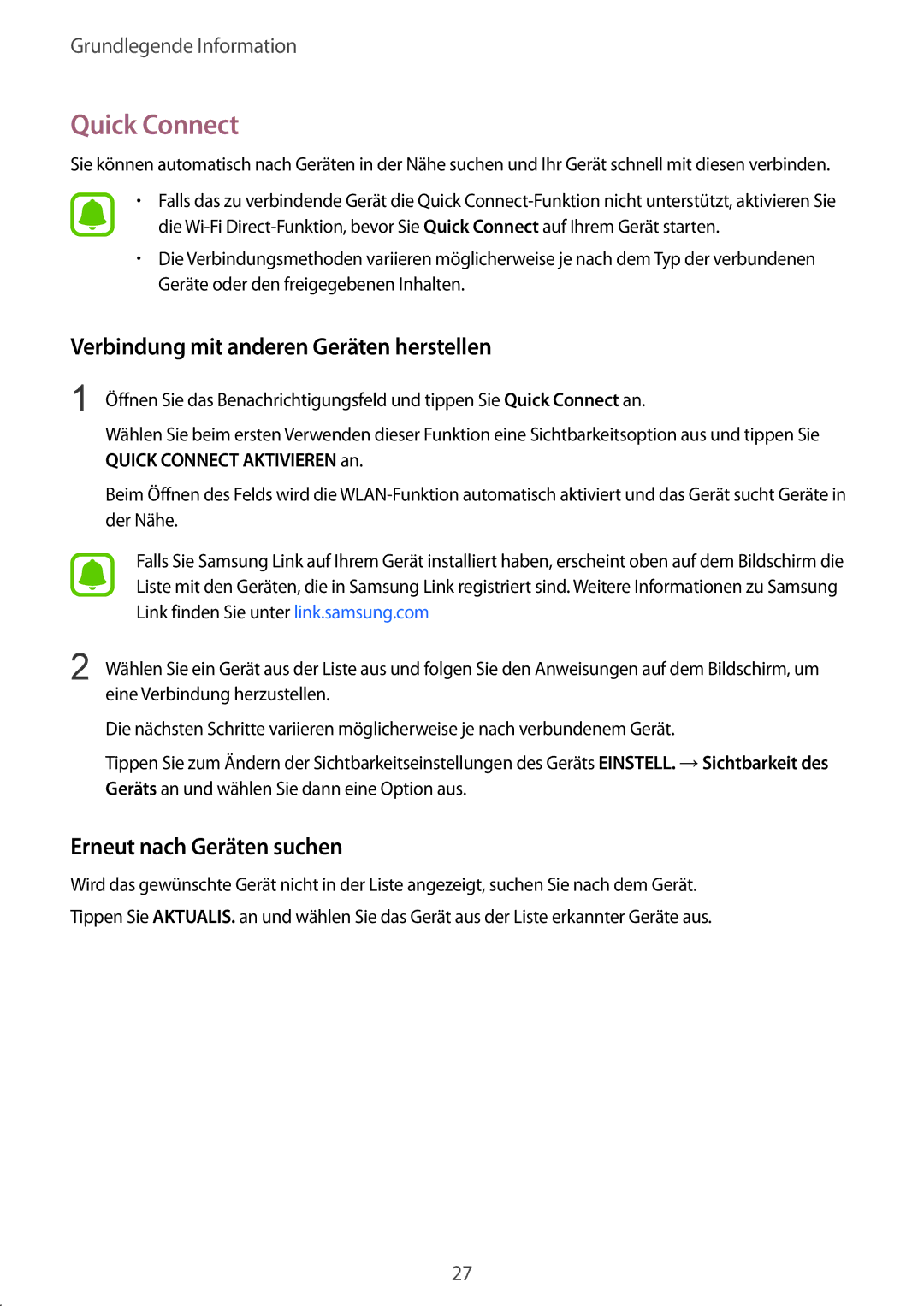 Samsung SM-T715NZWEDBT manual Quick Connect, Verbindung mit anderen Geräten herstellen, Erneut nach Geräten suchen 