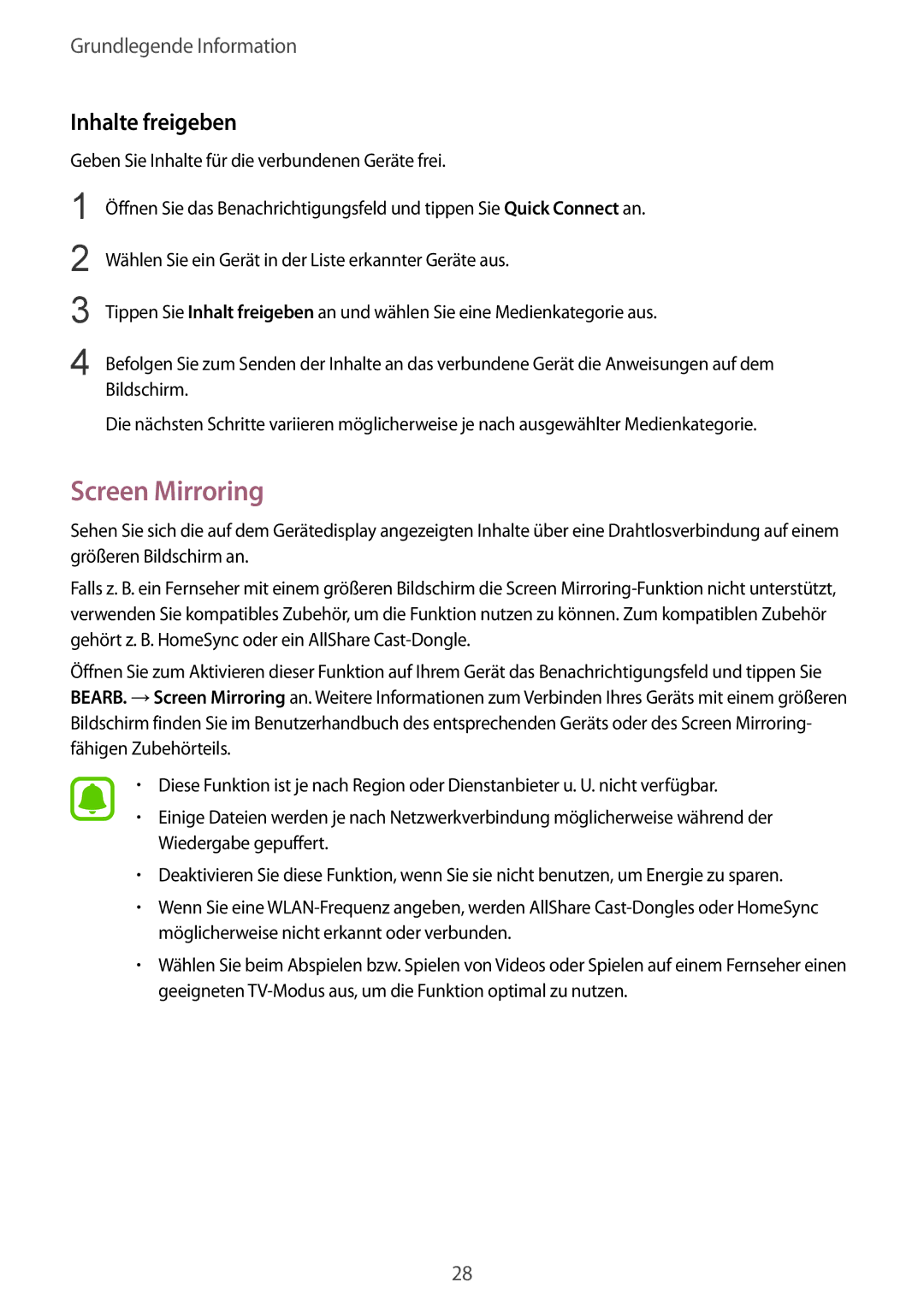 Samsung SM-T715NZKEDBT, SM-T715NZWEDBT manual Screen Mirroring, Inhalte freigeben 