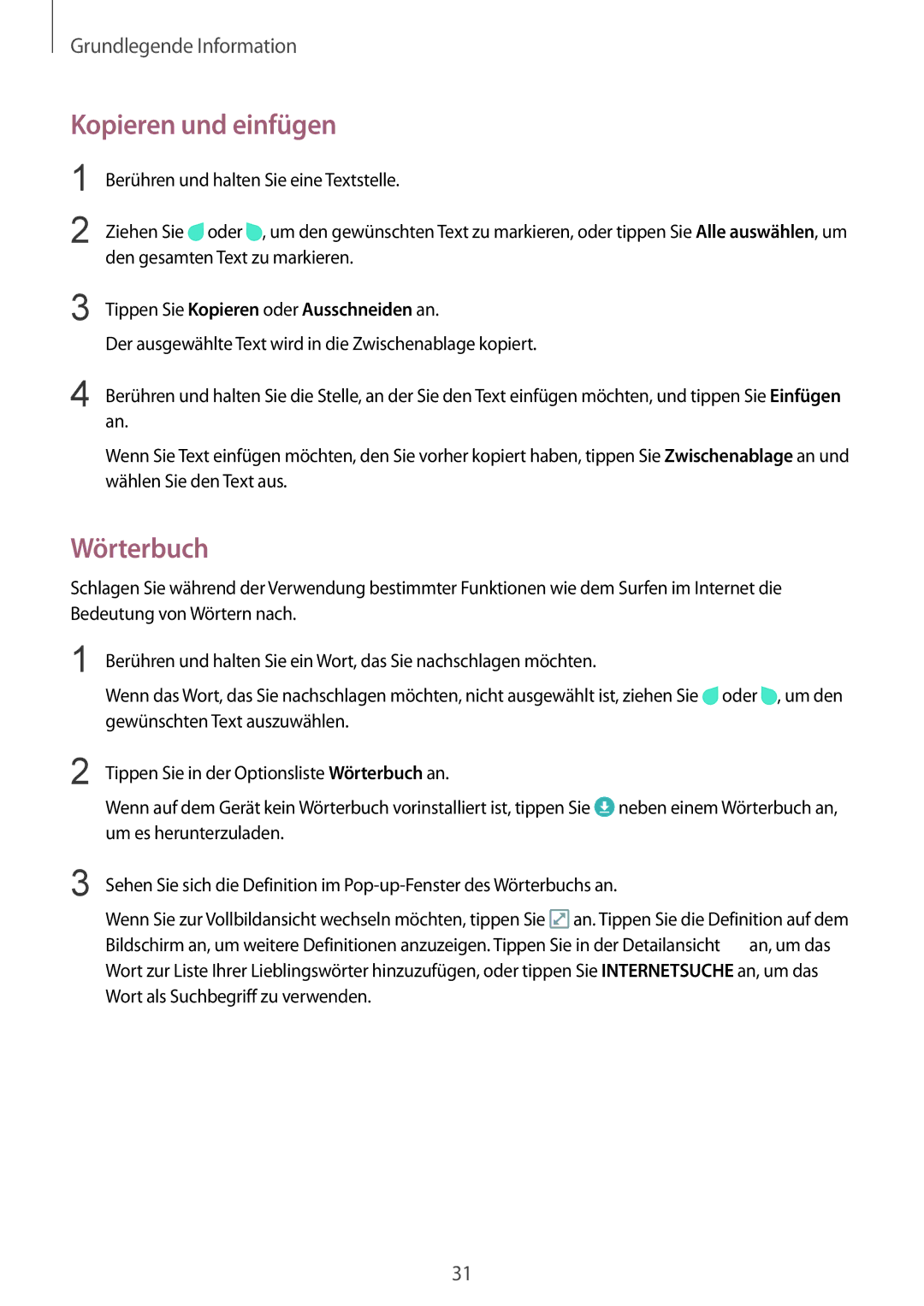 Samsung SM-T715NZWEDBT, SM-T715NZKEDBT manual Kopieren und einfügen, Wörterbuch 