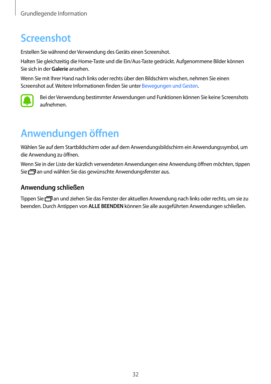 Samsung SM-T715NZKEDBT, SM-T715NZWEDBT manual Screenshot, Anwendungen öffnen, Anwendung schließen 
